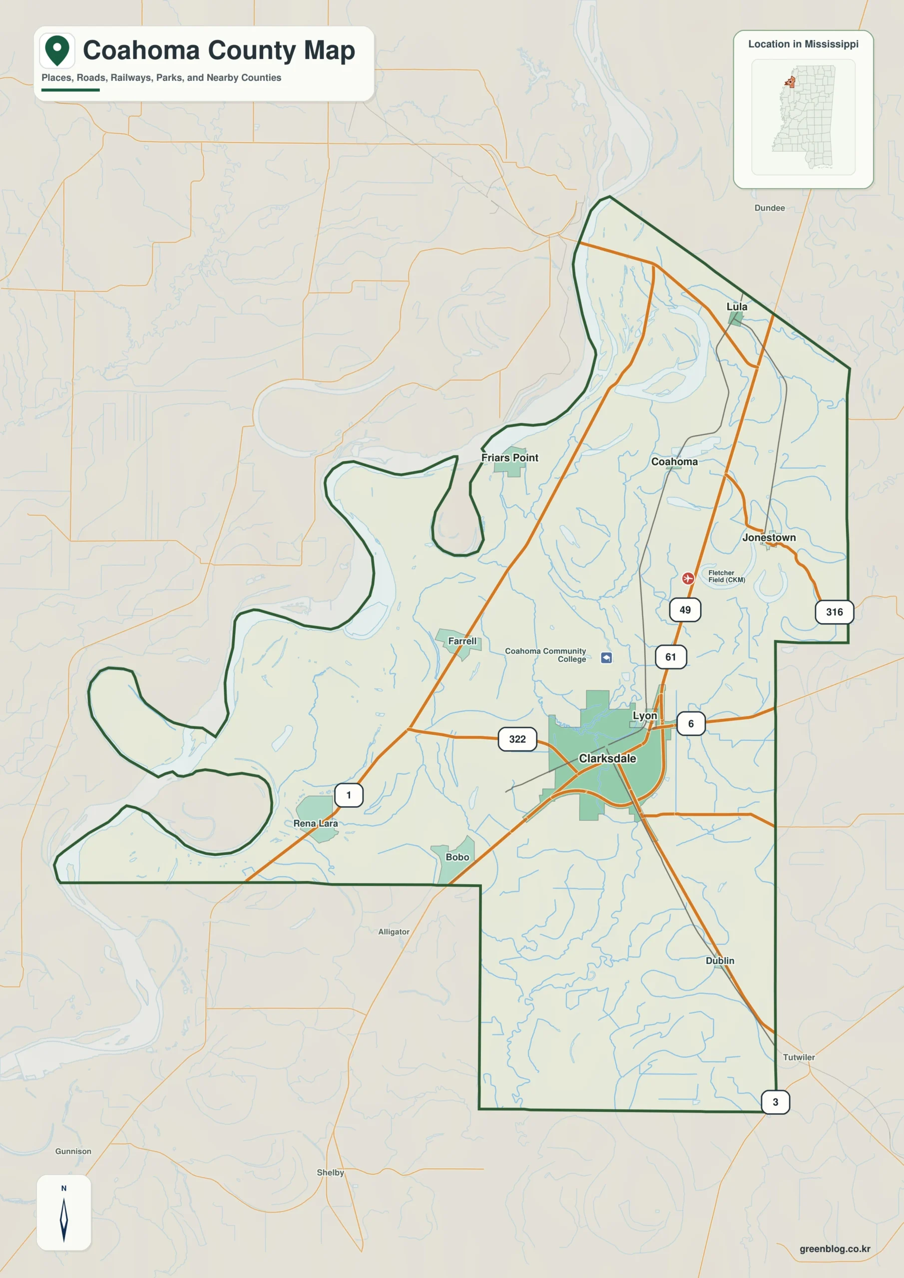 Coahoma County Mississippi map showing Clarksdale, selected communities, roads, and natural features