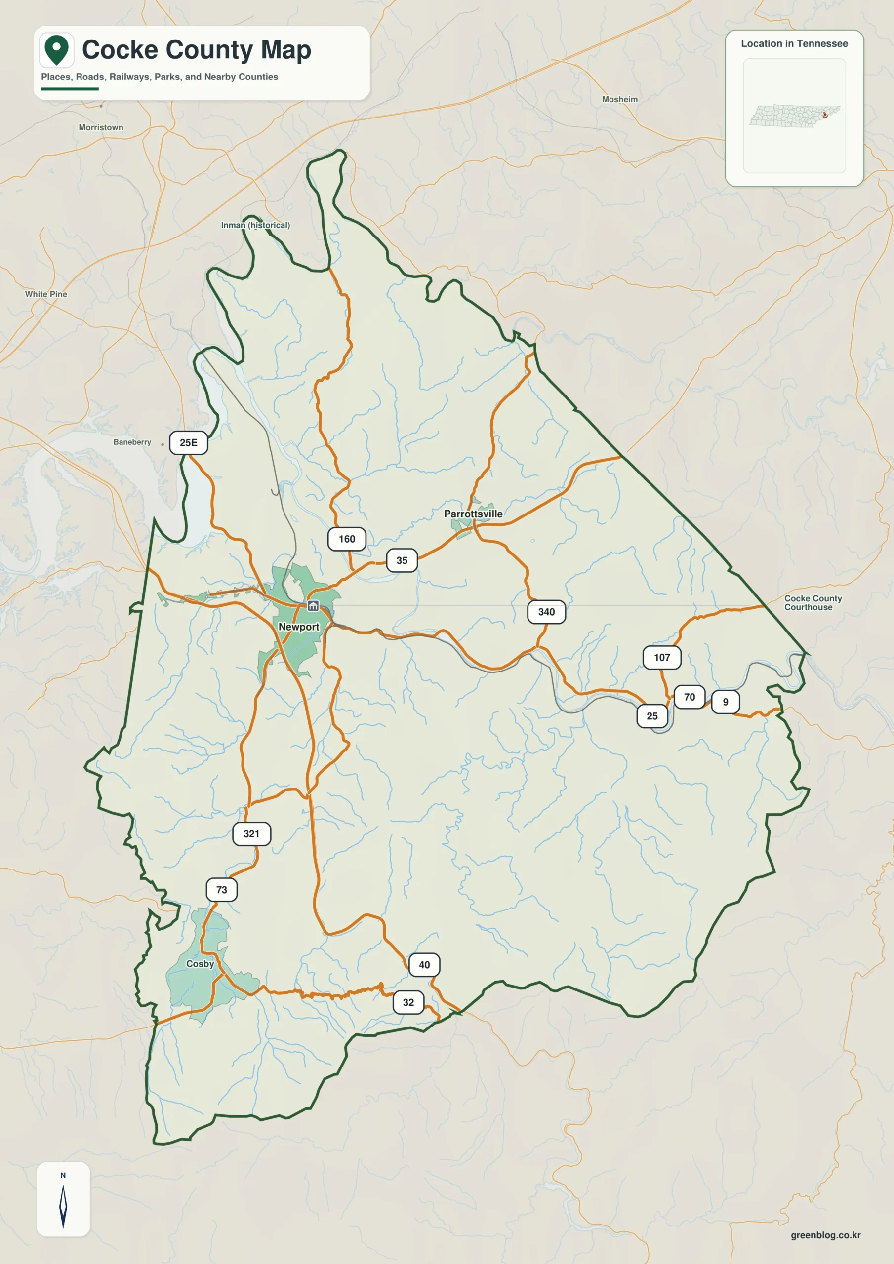Cocke County Tennessee map showing Newport, selected communities, roads, and natural features