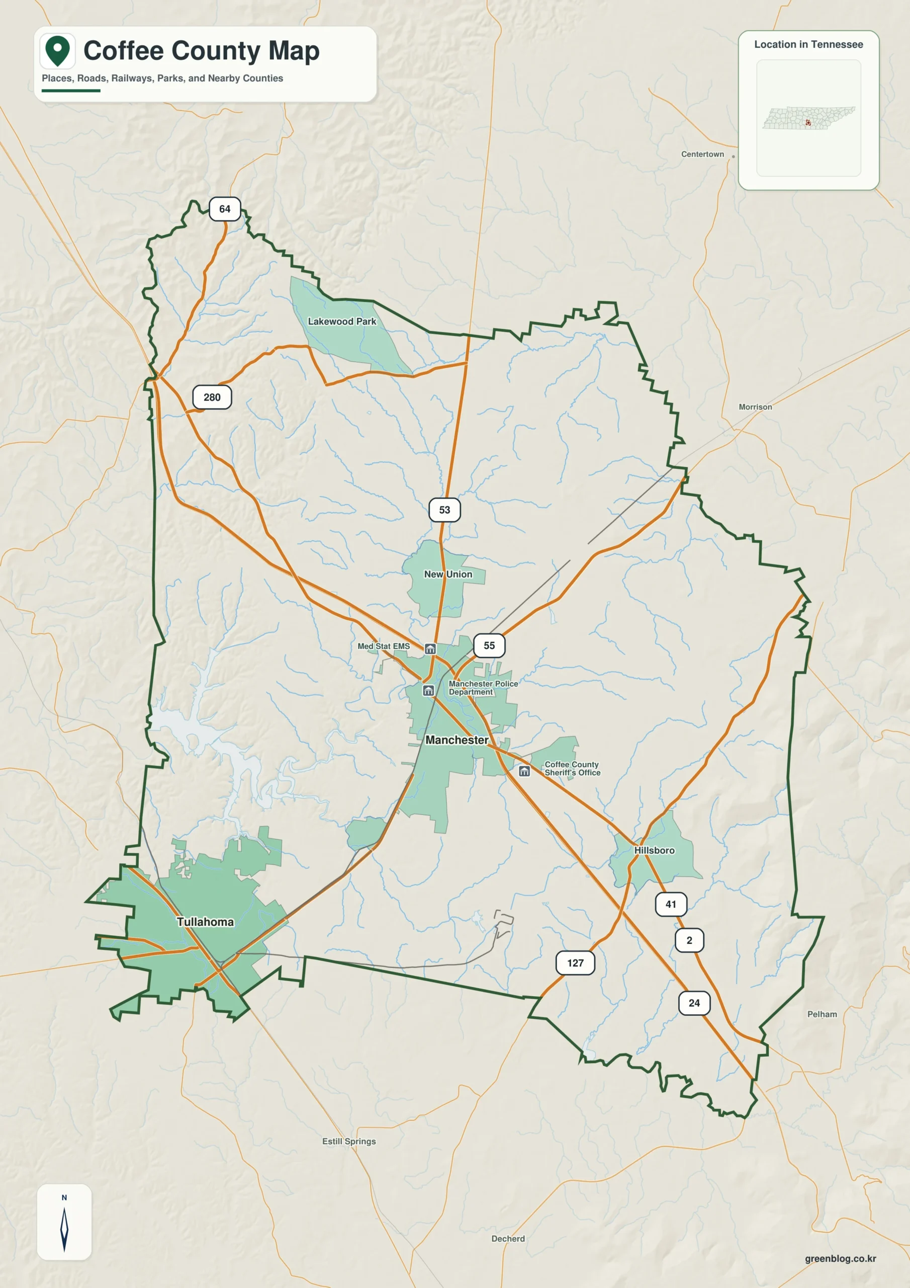 Coffee County Tennessee map showing Manchester, selected communities, roads, and natural features