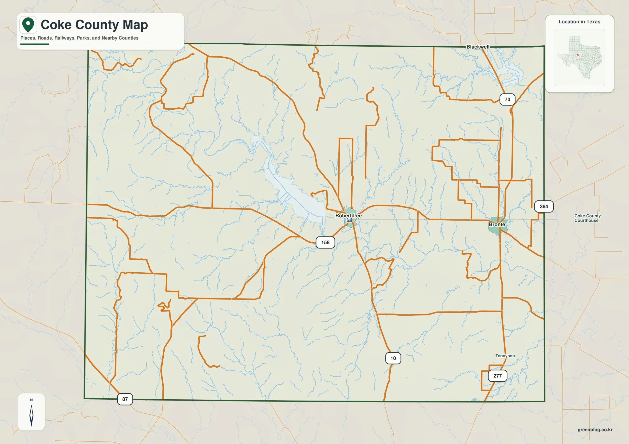 Coke County Texas map showing Robert Lee and selected communities