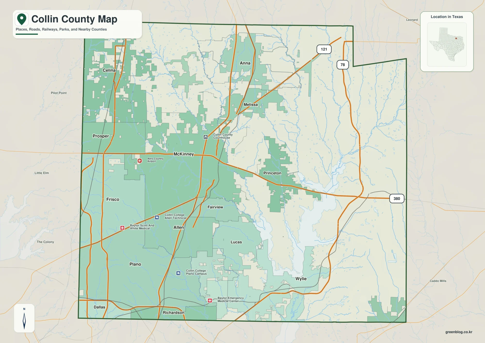 Collin County Texas map showing McKinney and selected communities