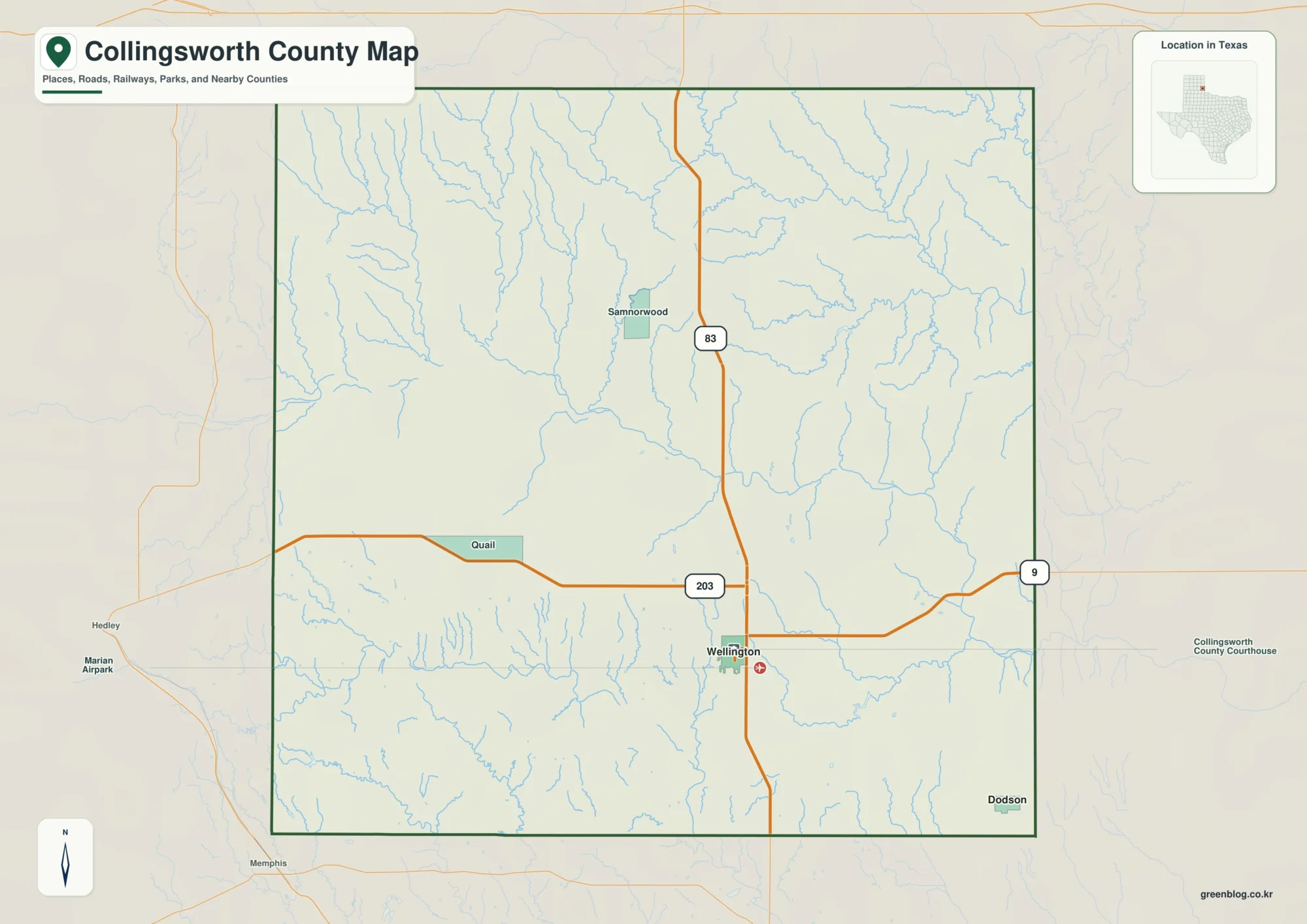 Collingsworth County Texas map showing Wellington and selected communities