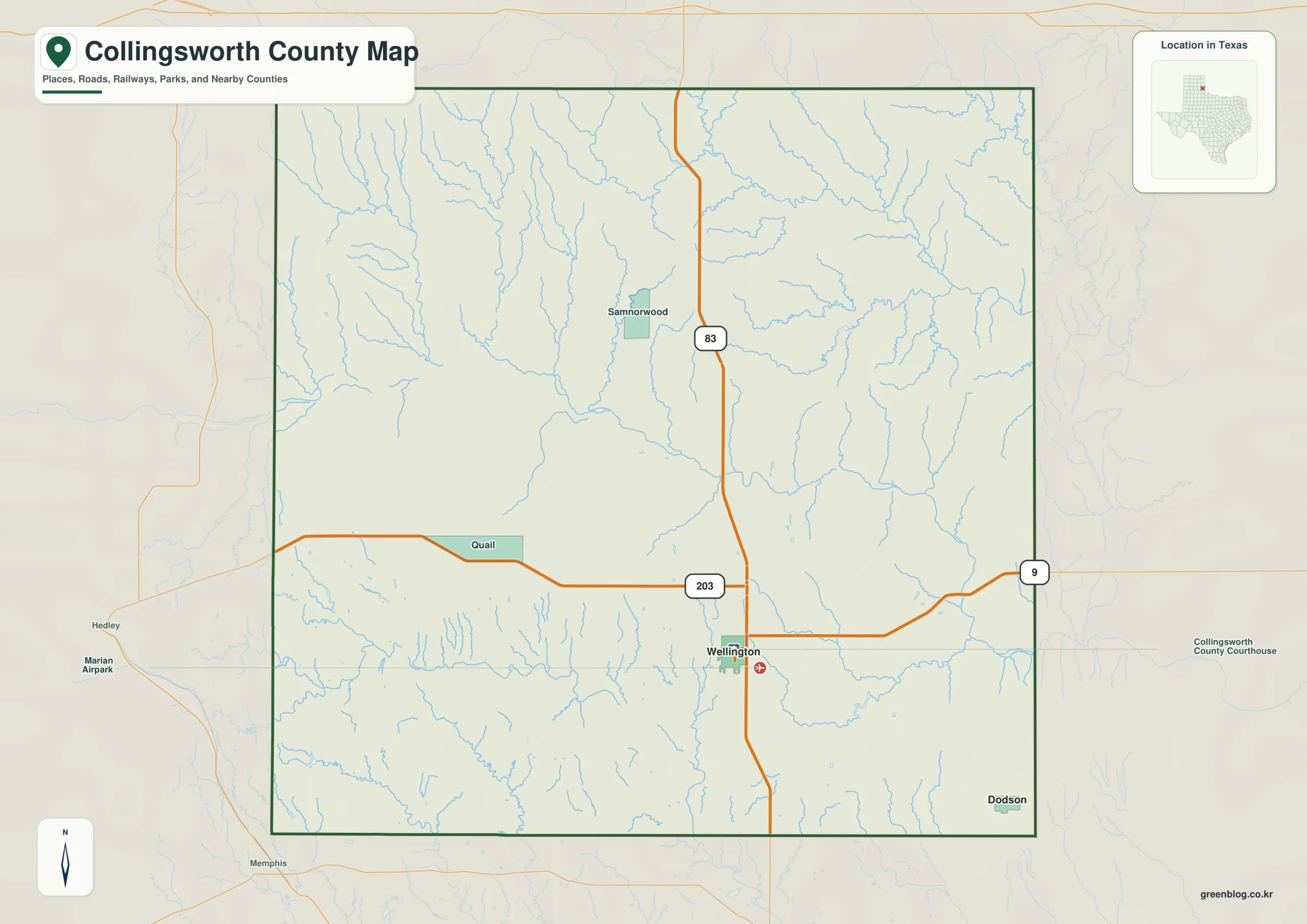 Collingsworth County Texas map showing Wellington and selected communities