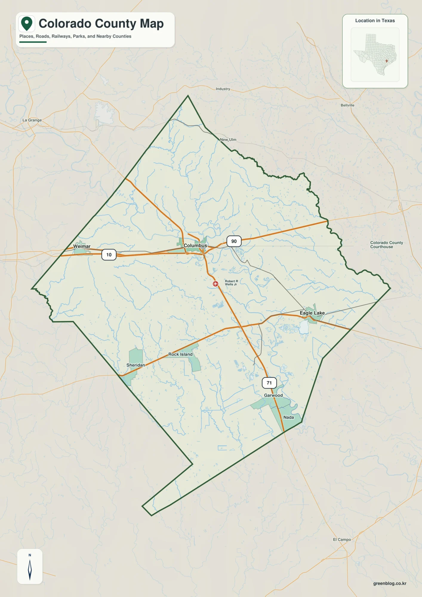 Colorado County Texas map showing Columbus and selected communities