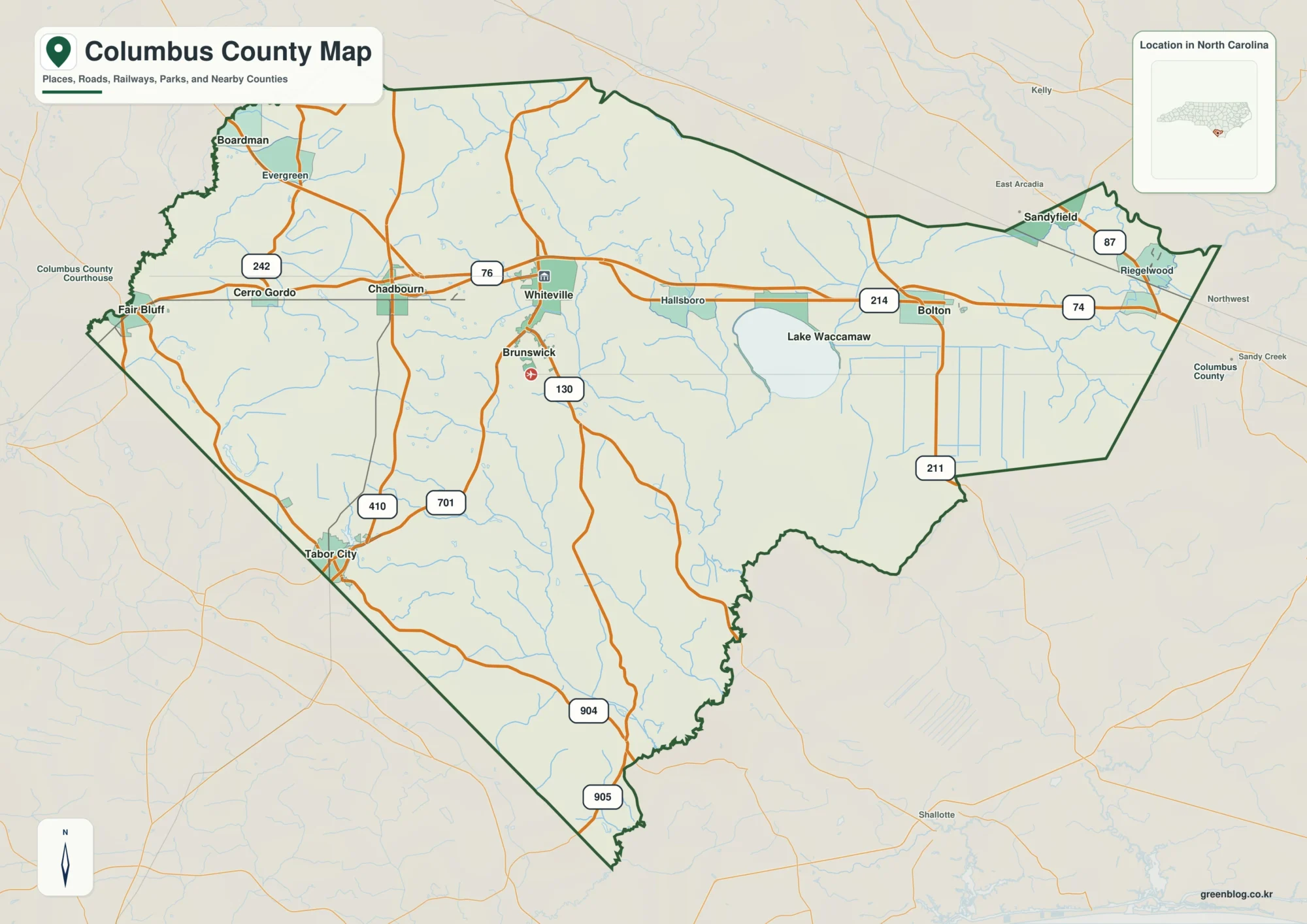 Columbus County North Carolina map showing Whiteville and Lake Waccamaw