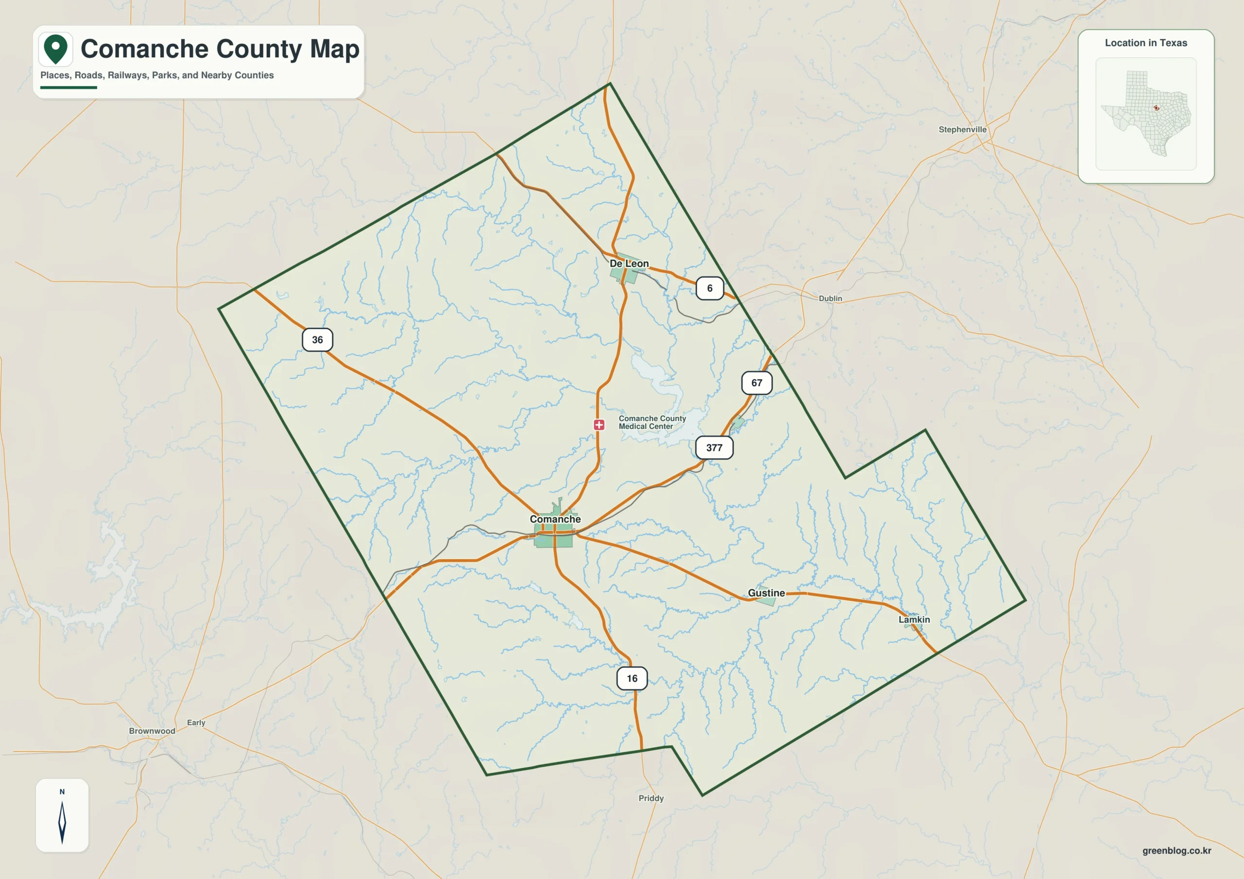 Comanche County Texas map showing Comanche and selected communities