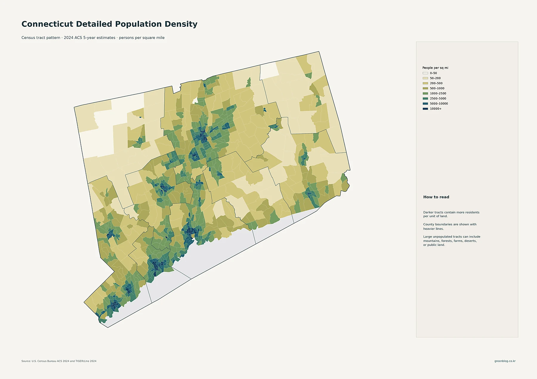 Connecticut detailed population density by census tract from 2024 ACS estimates