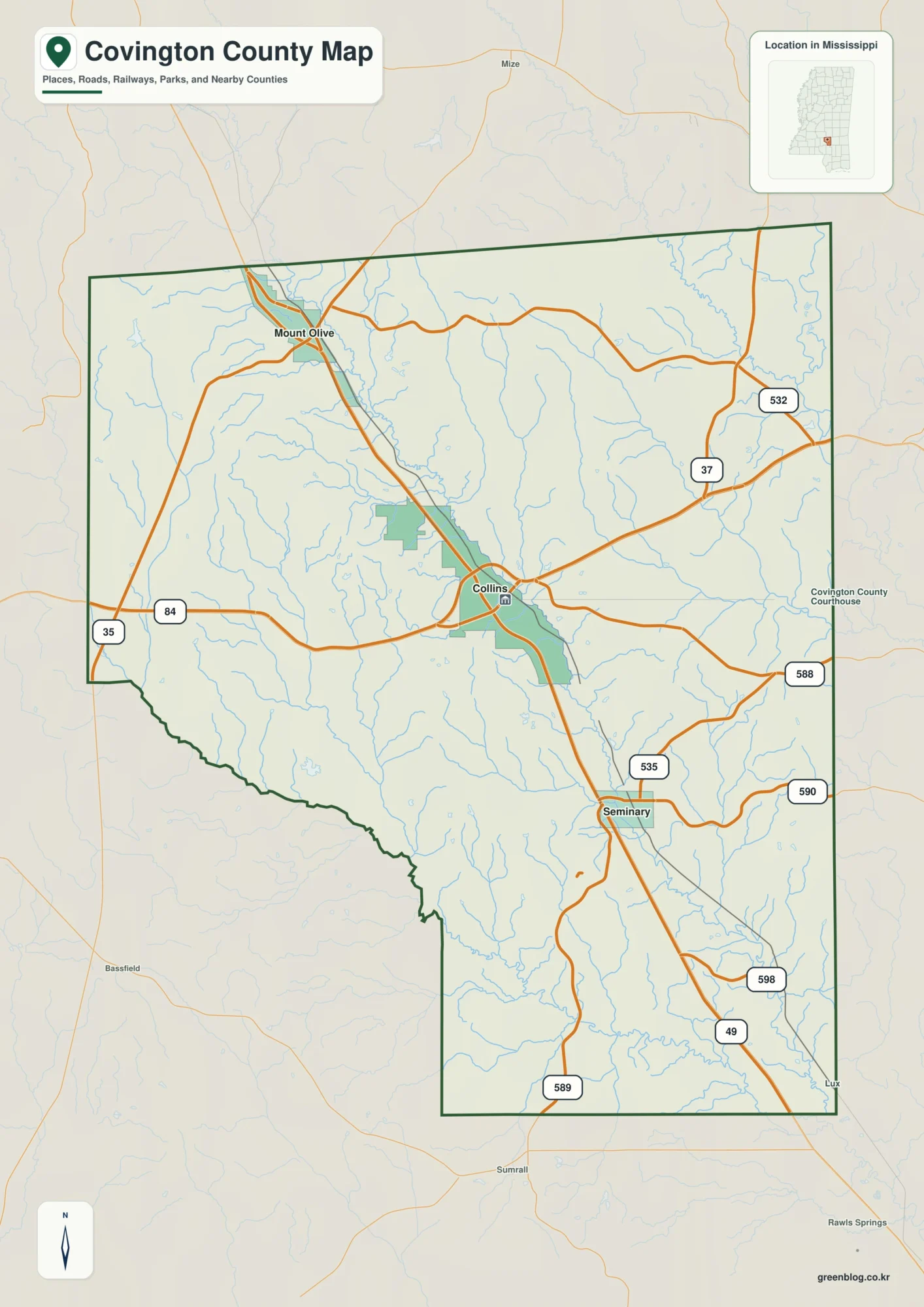 Covington County Mississippi map showing Collins, selected communities, roads, and natural features