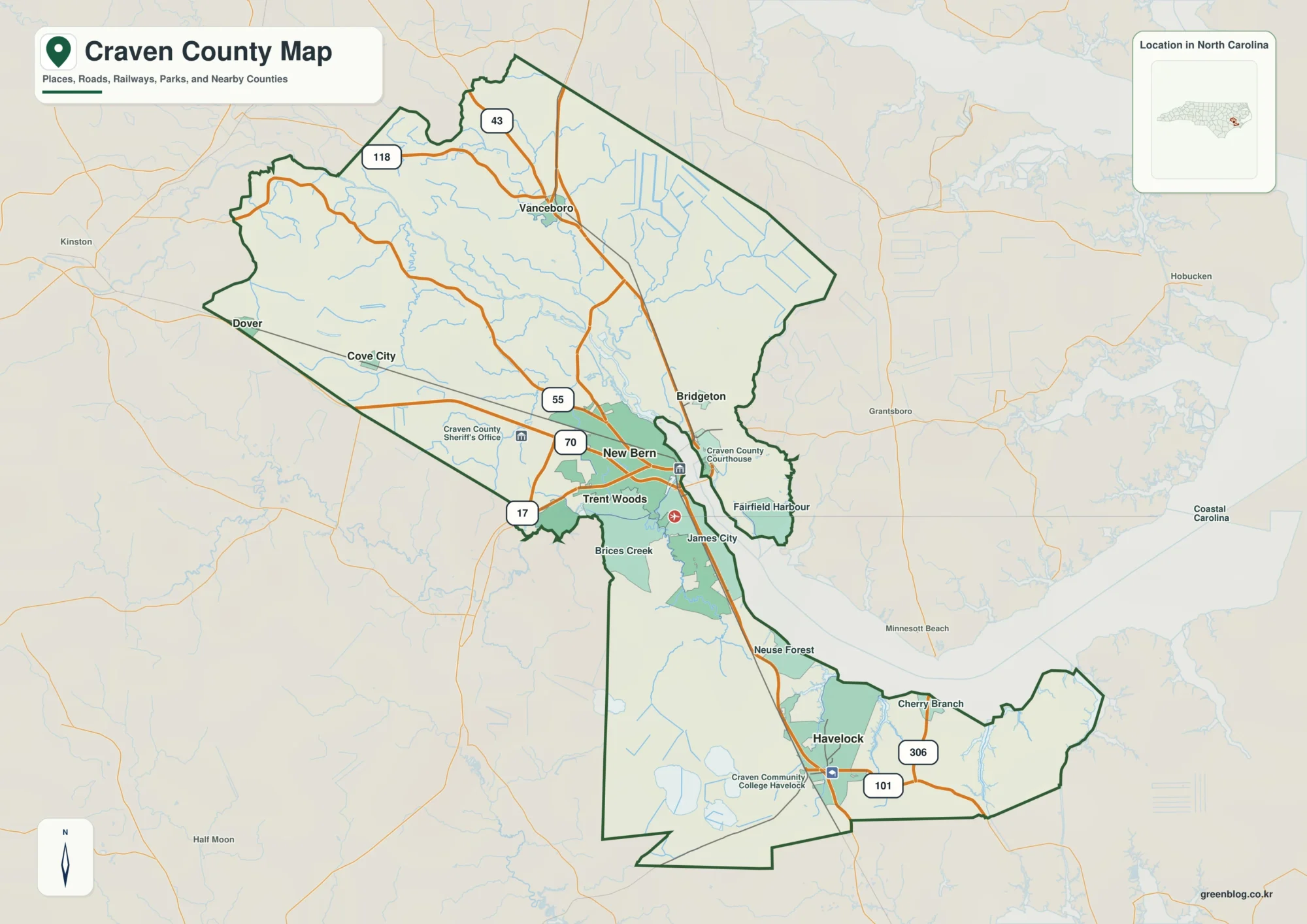 Craven County North Carolina map showing New Bern and Neuse River