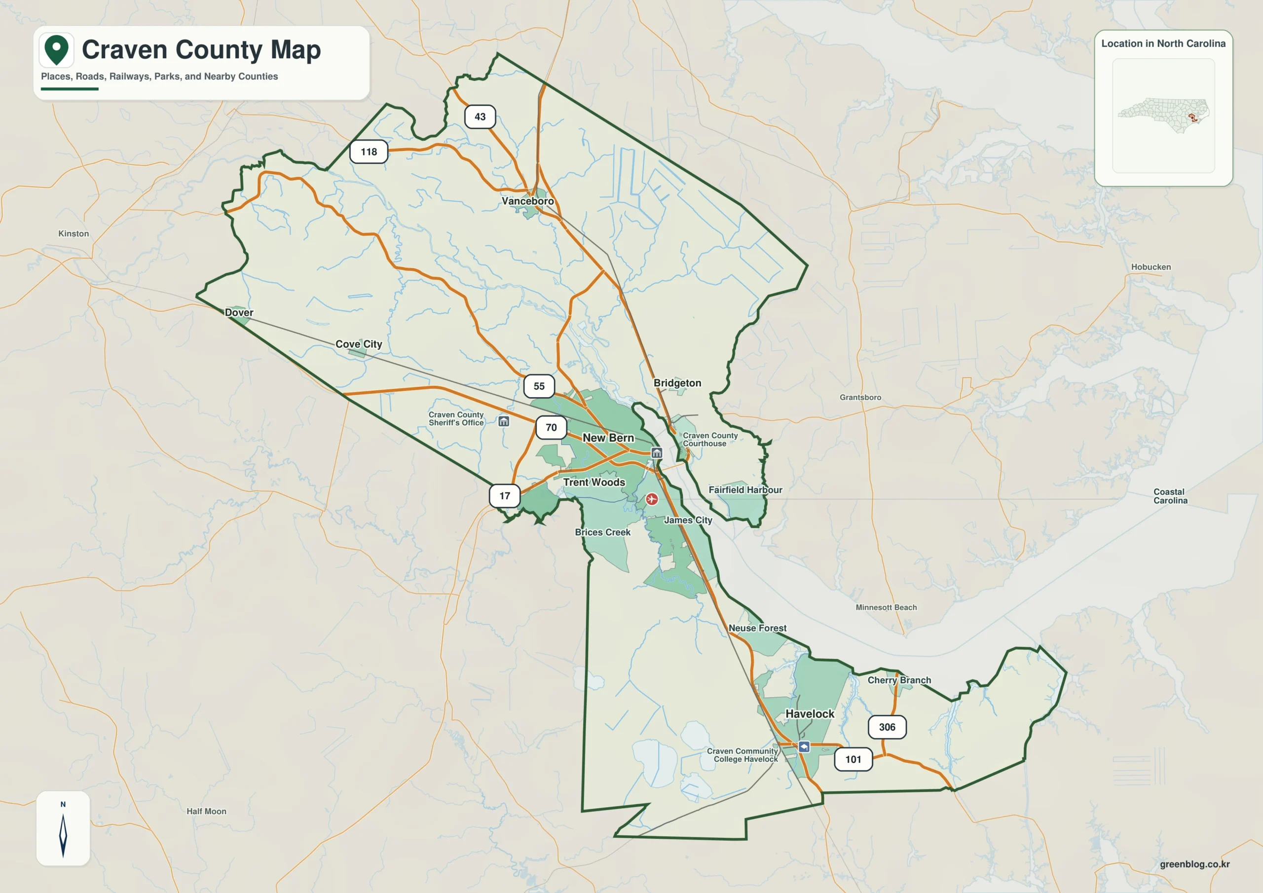 Craven County North Carolina map showing New Bern and Neuse River