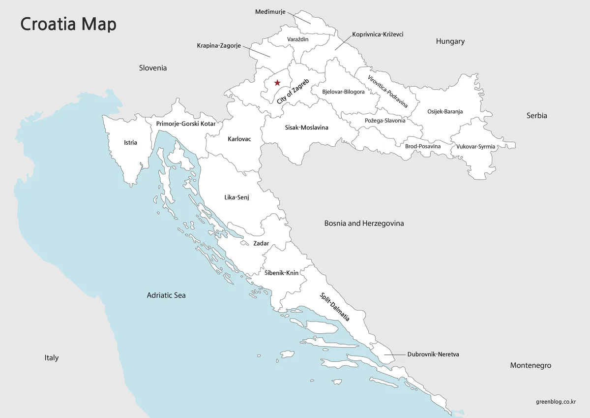 Labeled black-and-white map of Croatia with county borders, Zagreb, and the Adriatic Sea