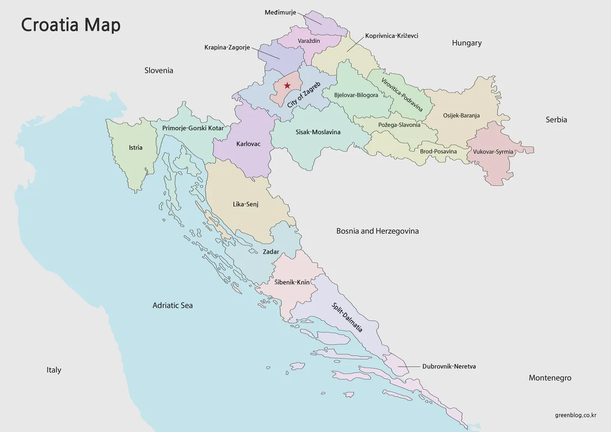 Color Croatia Map showing 20 counties, the City of Zagreb, Adriatic islands, and neighboring countries