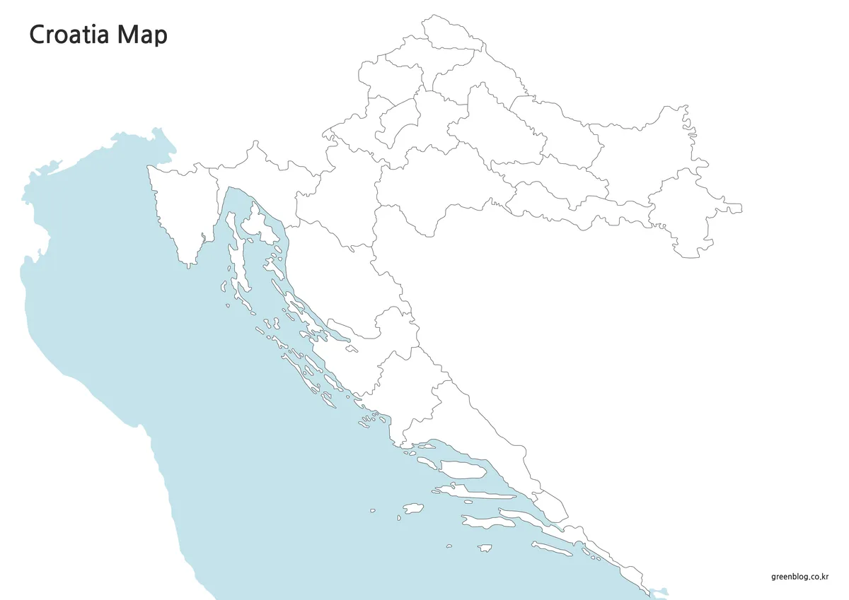 Croatia outline map with internal administrative boundaries and major coastal islands