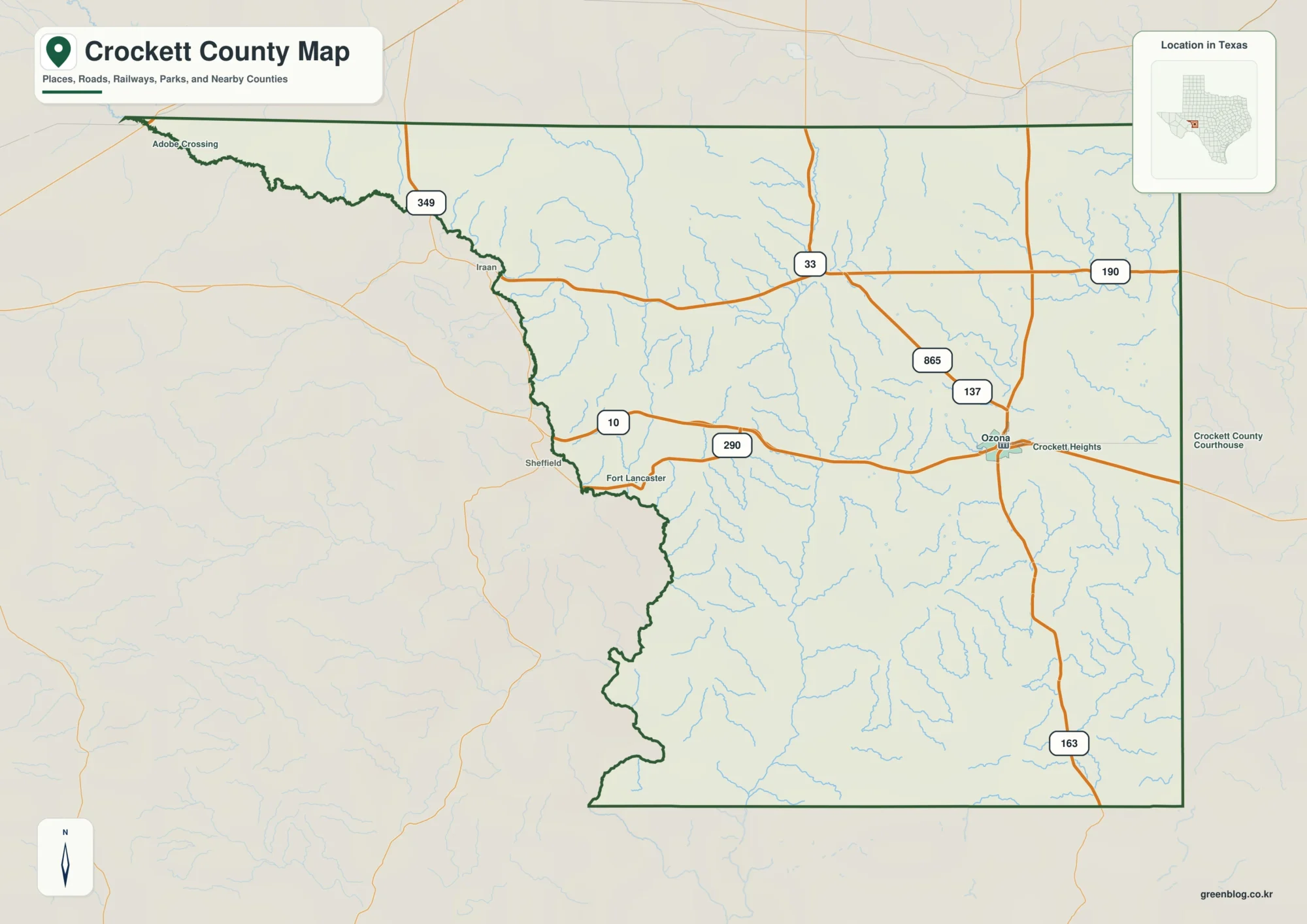Crockett County Texas map showing Ozona and selected communities