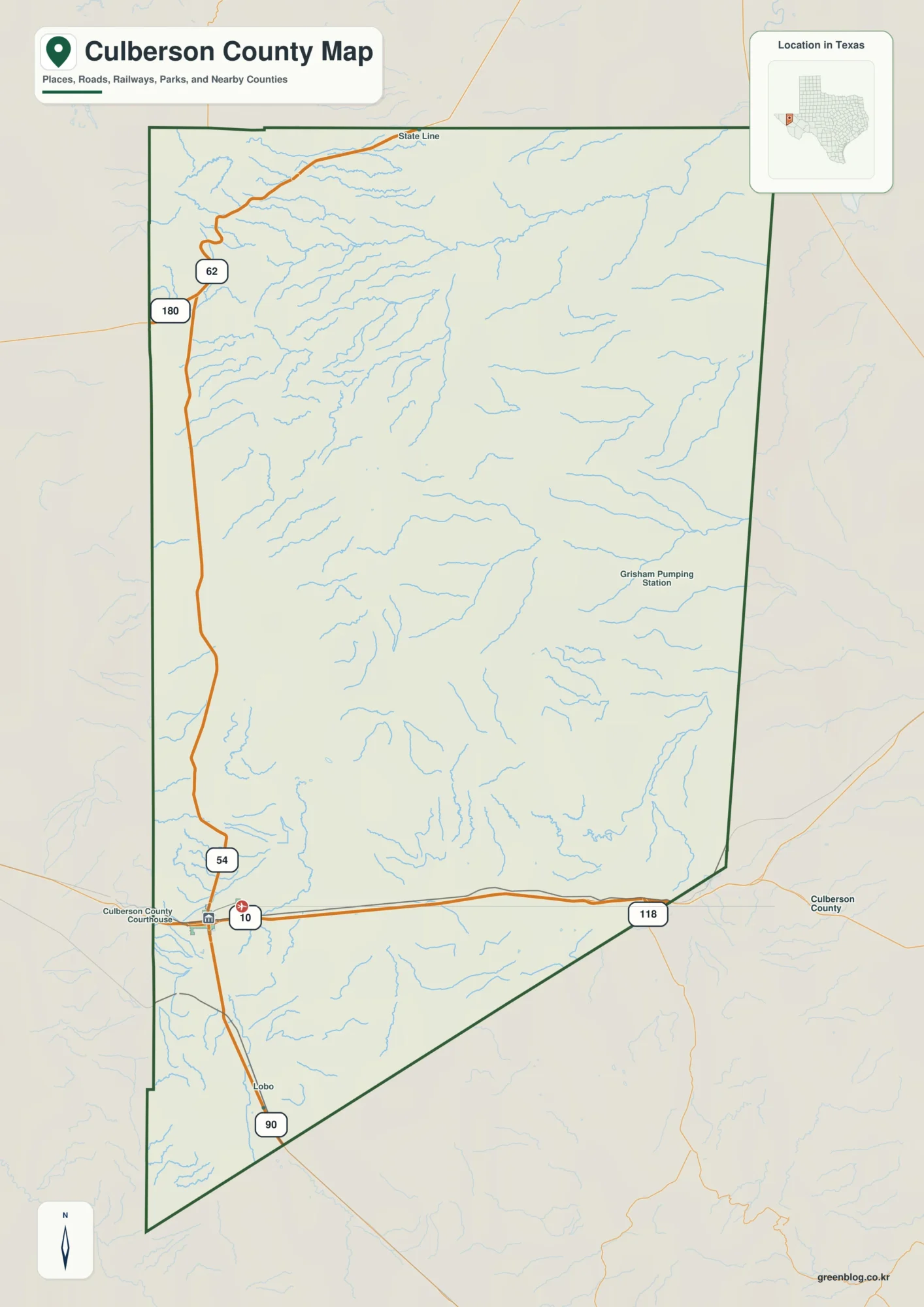Culberson County Texas map showing Van Horn and selected communities