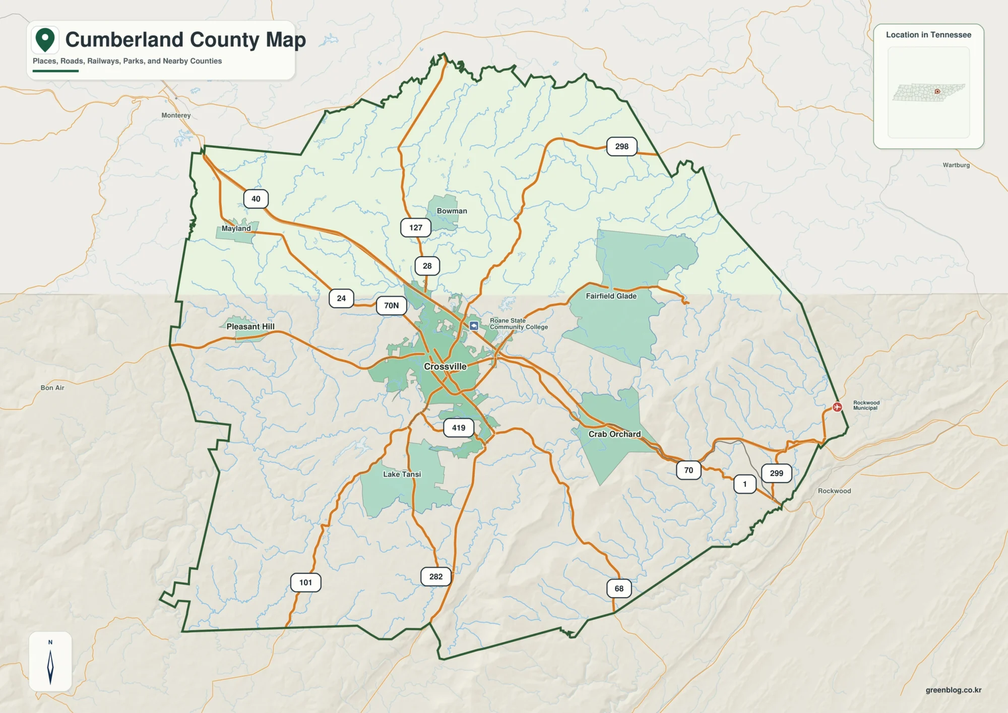 Cumberland County Tennessee map showing Crossville, selected communities, roads, and natural features