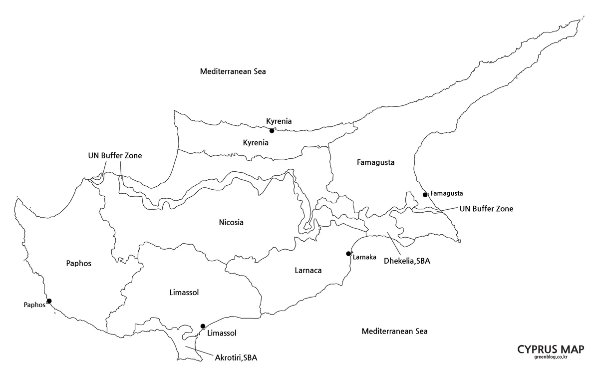 Black-and-white map of Cyprus showing district boundaries, city markers, the buffer zone, and base areas
