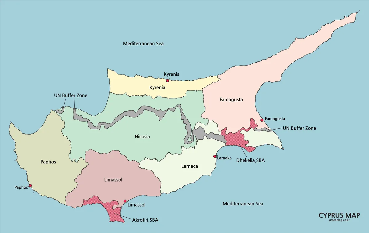 Color Cyprus Map with labeled districts, major cities, the UN buffer zone, Akrotiri, and Dhekelia