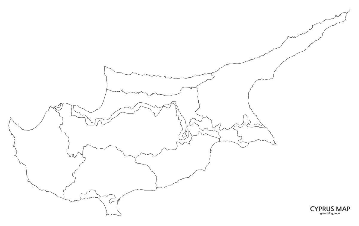Outline map of Cyprus showing internal district and special-area boundaries without labels or color fills