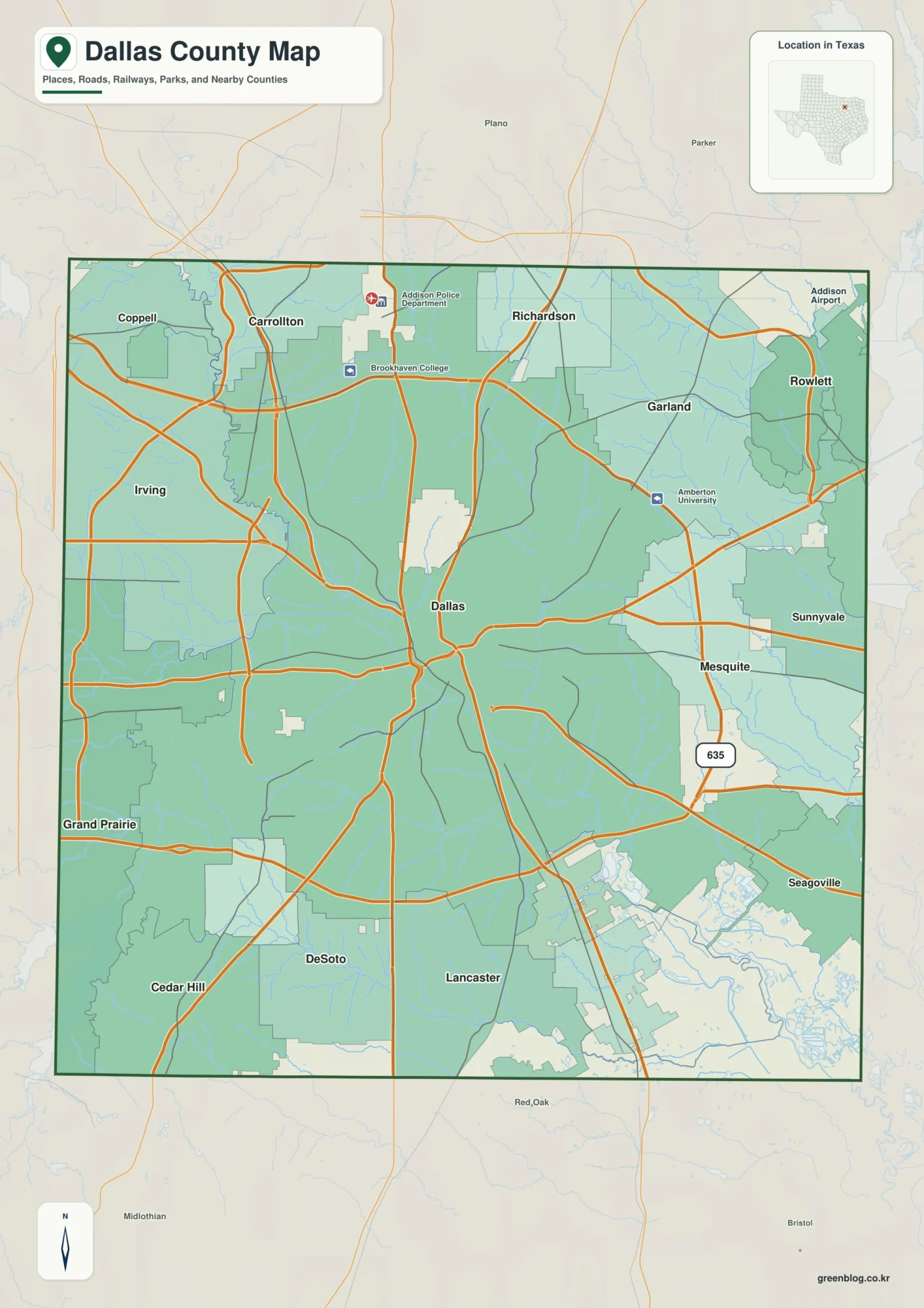 Dallas County Texas map showing Dallas and selected communities