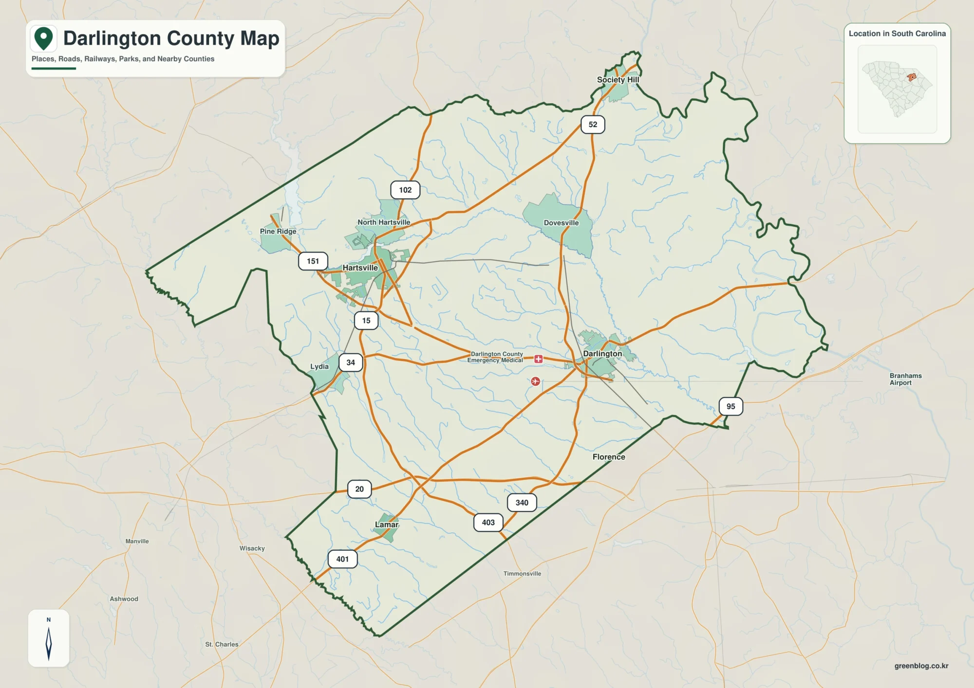 Darlington County South Carolina map with the county boundary and reference names for Darlington and Hartsville