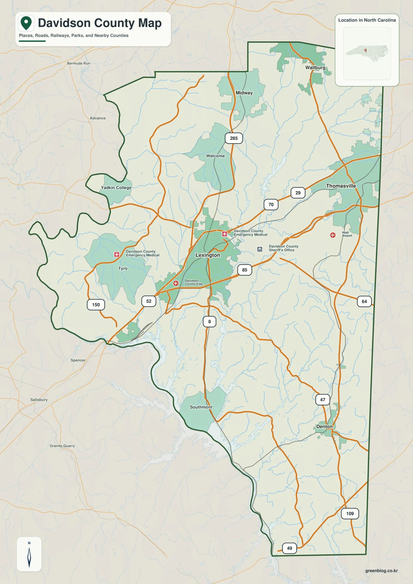 Davidson County North Carolina map showing Lexington and High Rock Lake