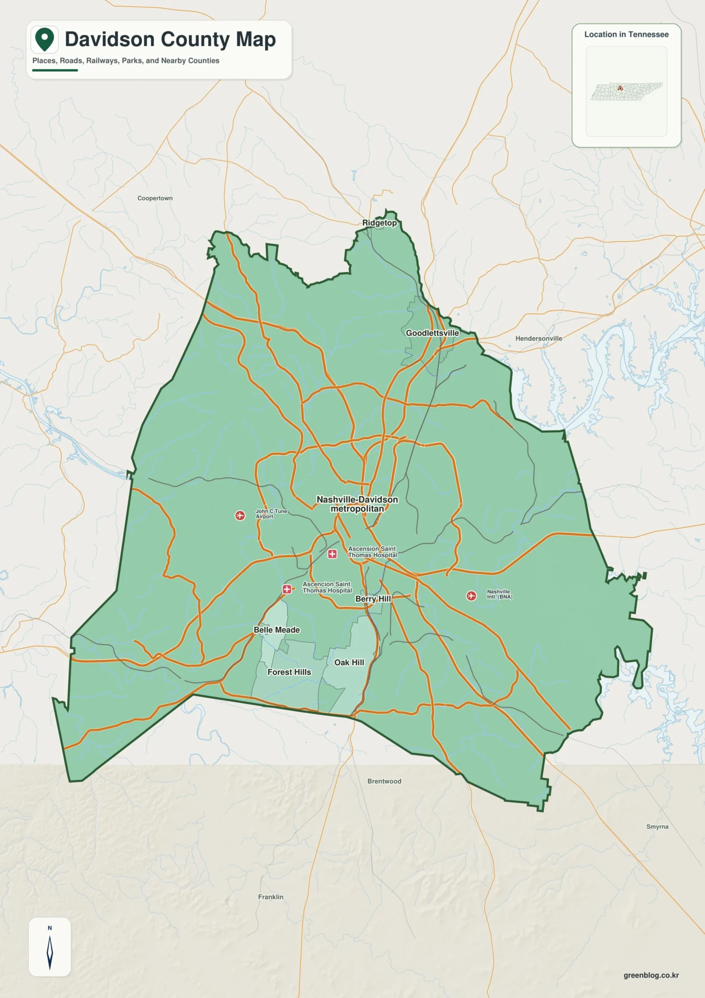 테네시주 데이비드슨 카운티 지도 - Nashville, 주요 지역, 도로 및 자연 지형