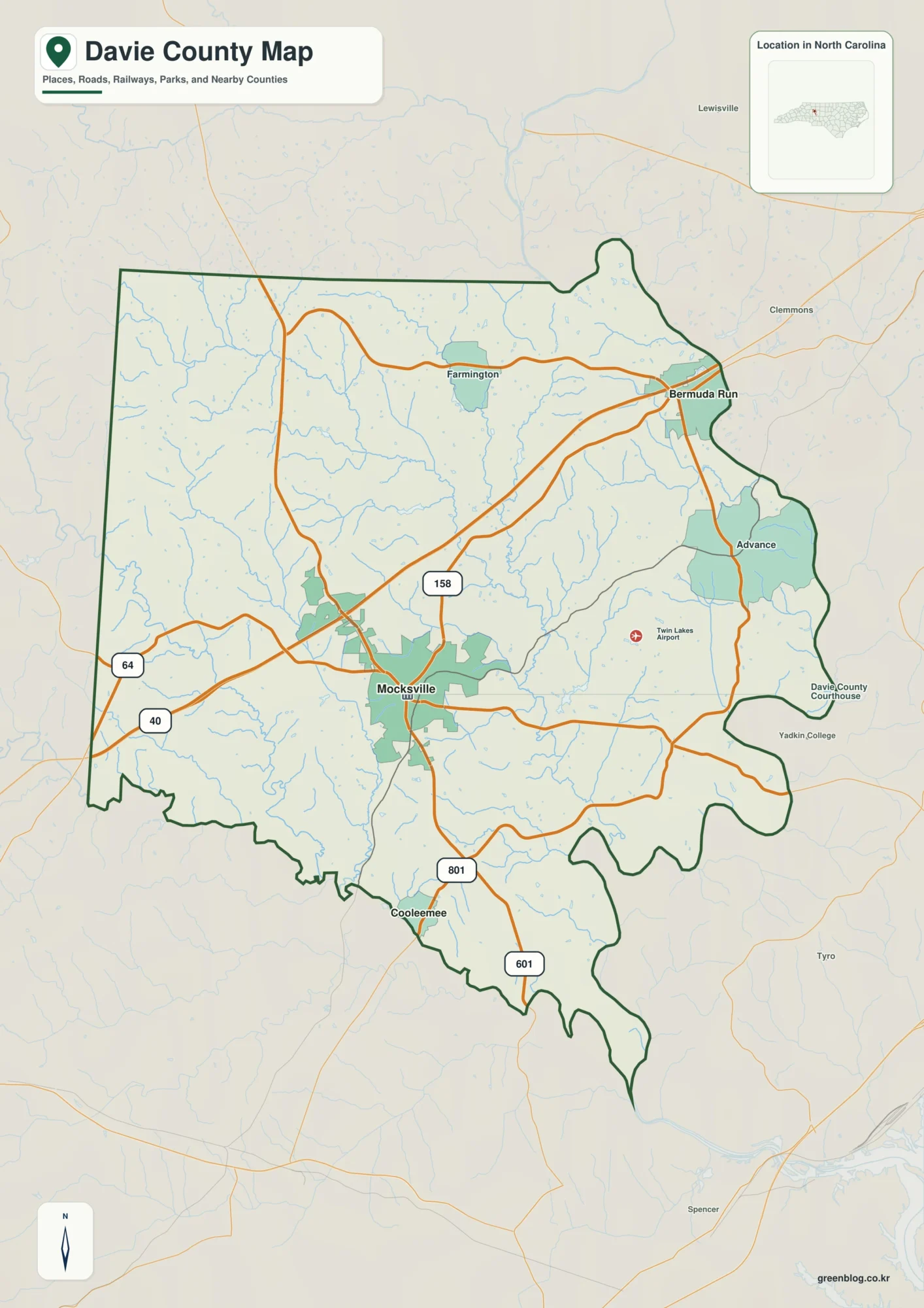 Davie County North Carolina map showing Mocksville and Yadkin River