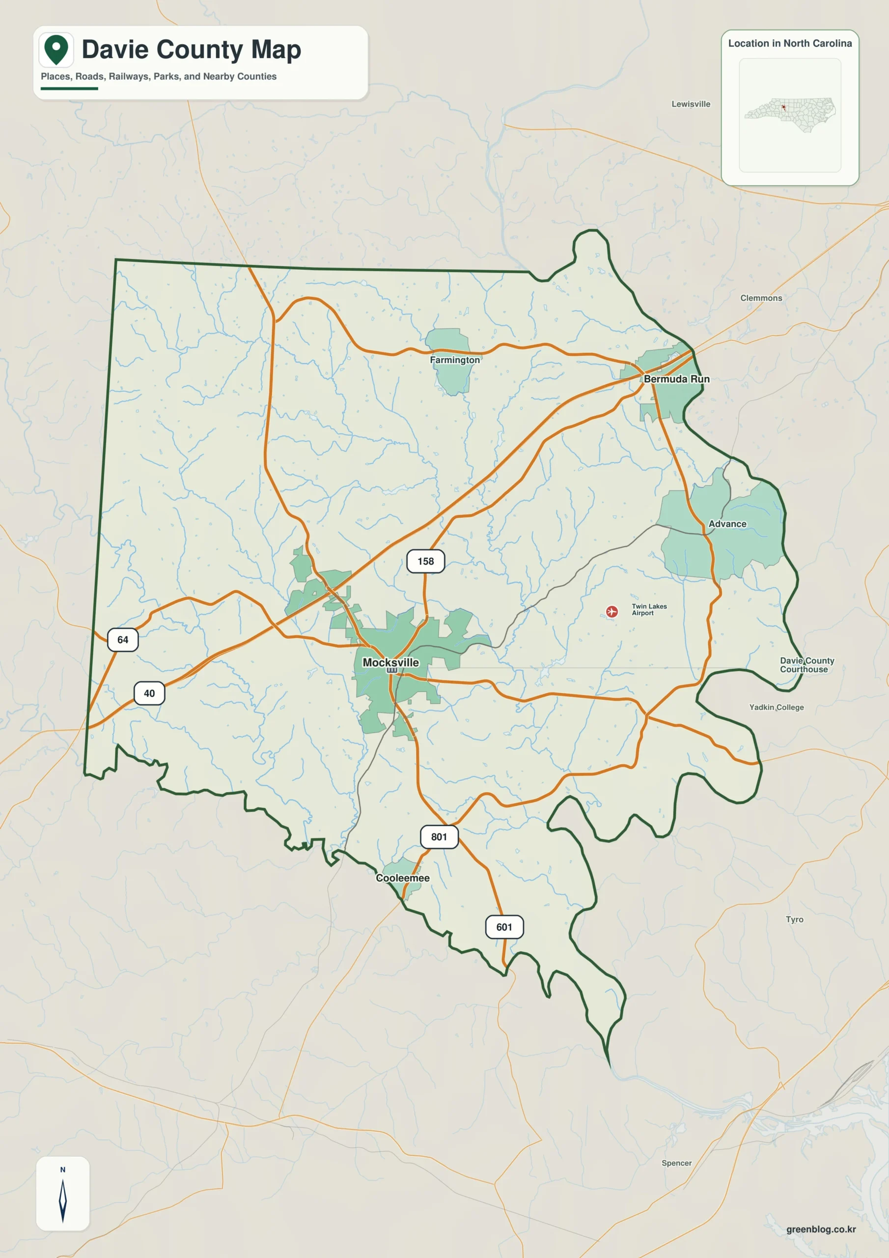 Davie County North Carolina map showing Mocksville and Yadkin River