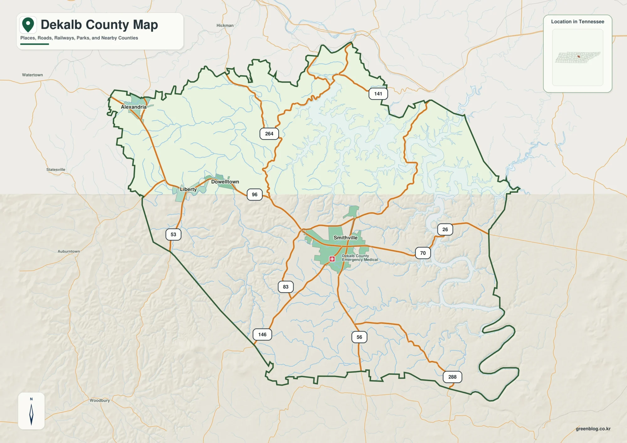 DeKalb County Tennessee map showing Smithville, selected communities, roads, and natural features