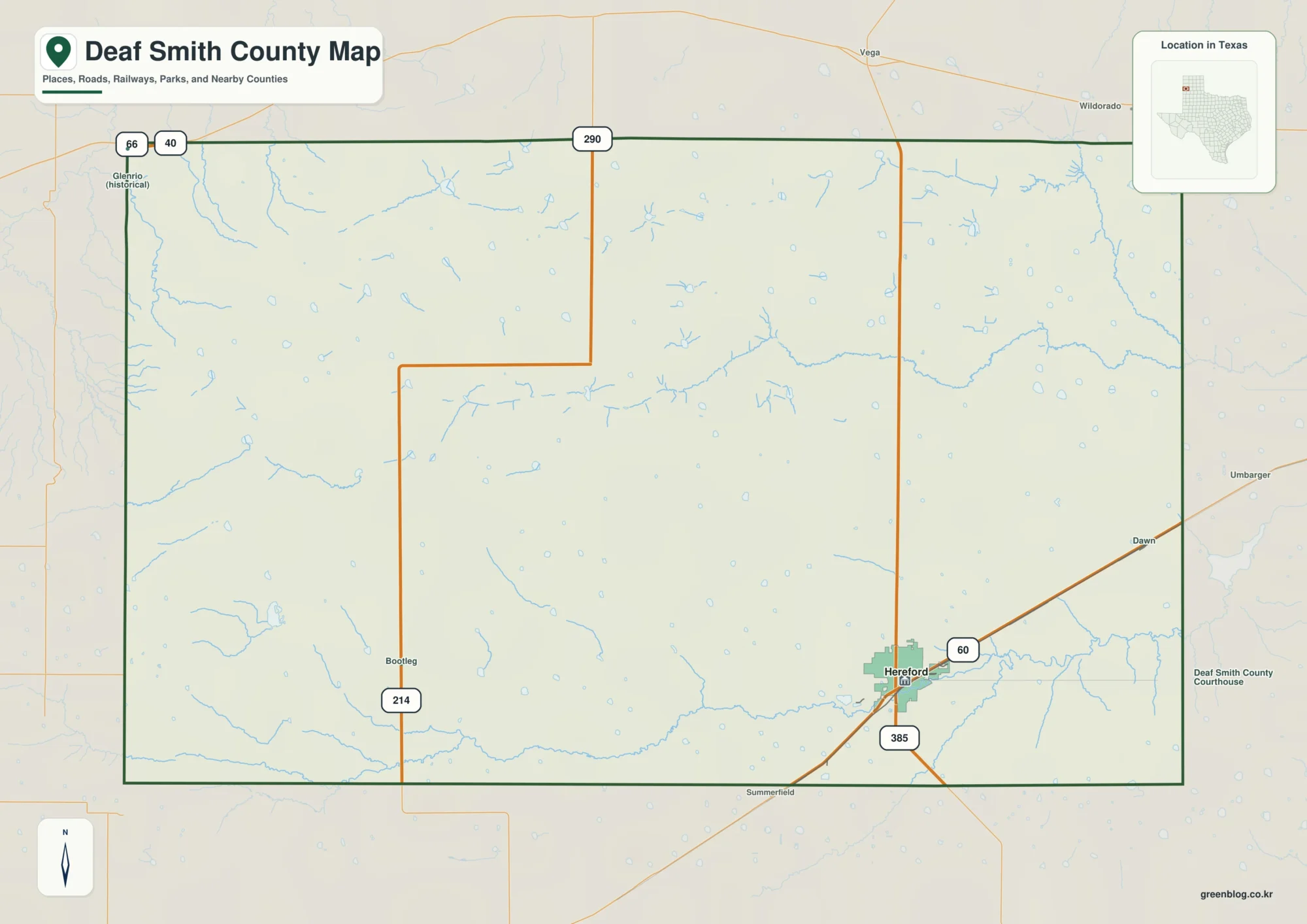 Deaf Smith County Texas map showing Hereford and selected communities