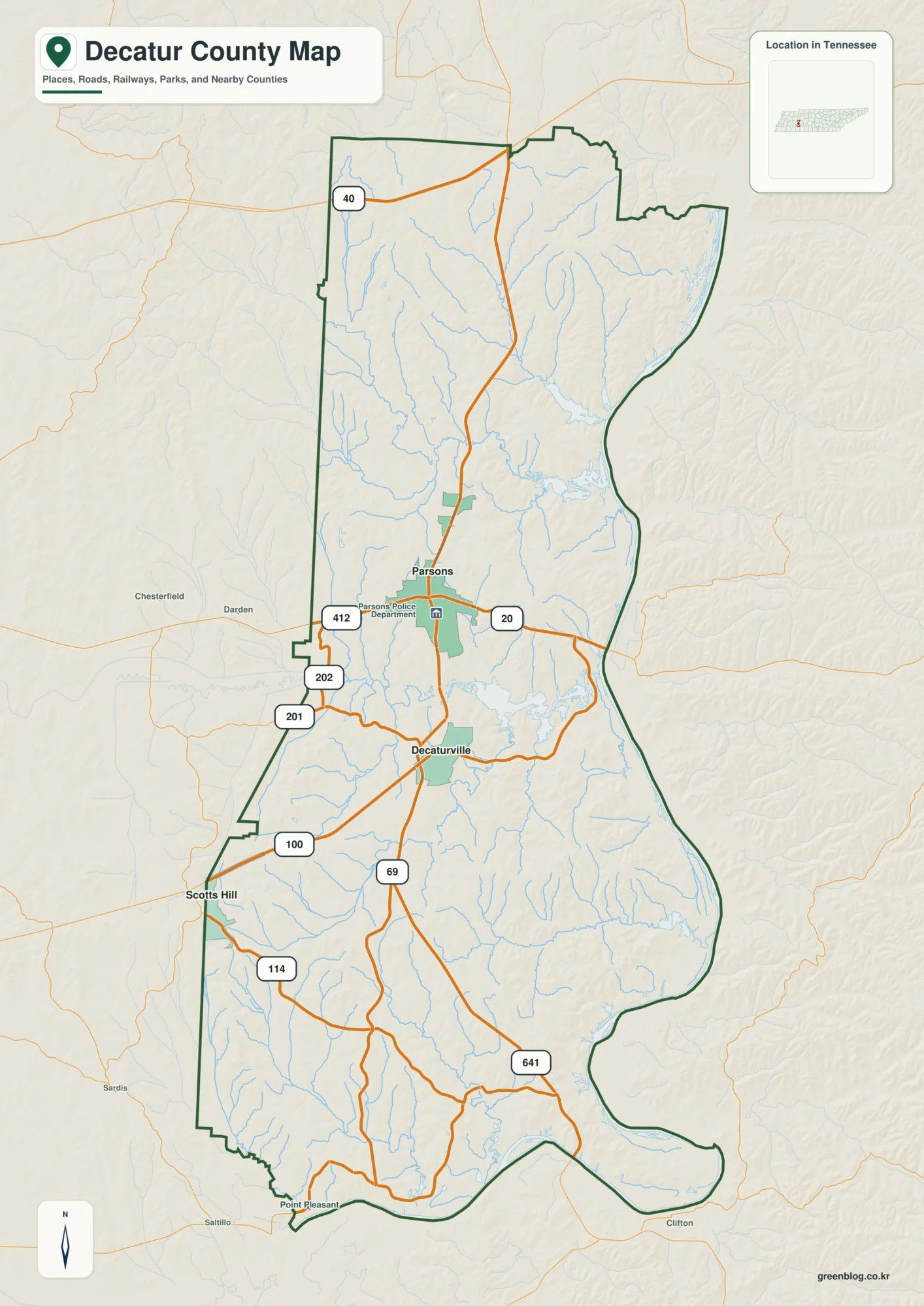 Decatur County Tennessee map showing Decaturville, selected communities, roads, and natural features