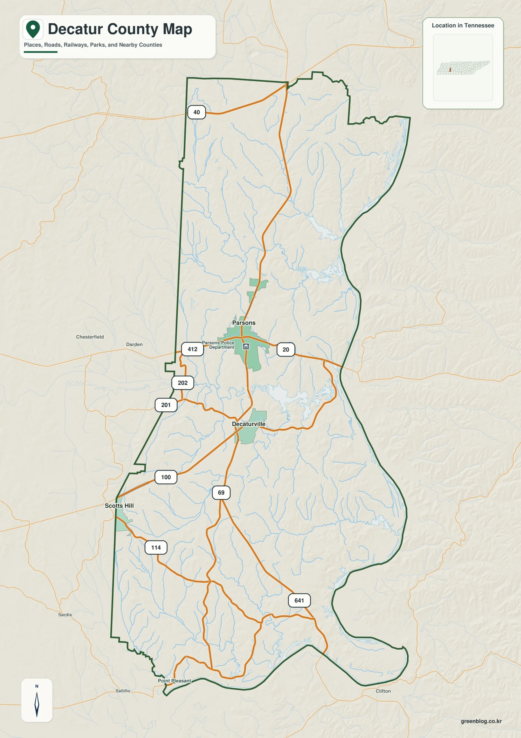 Decatur County Tennessee map showing Decaturville, selected communities, roads, and natural features