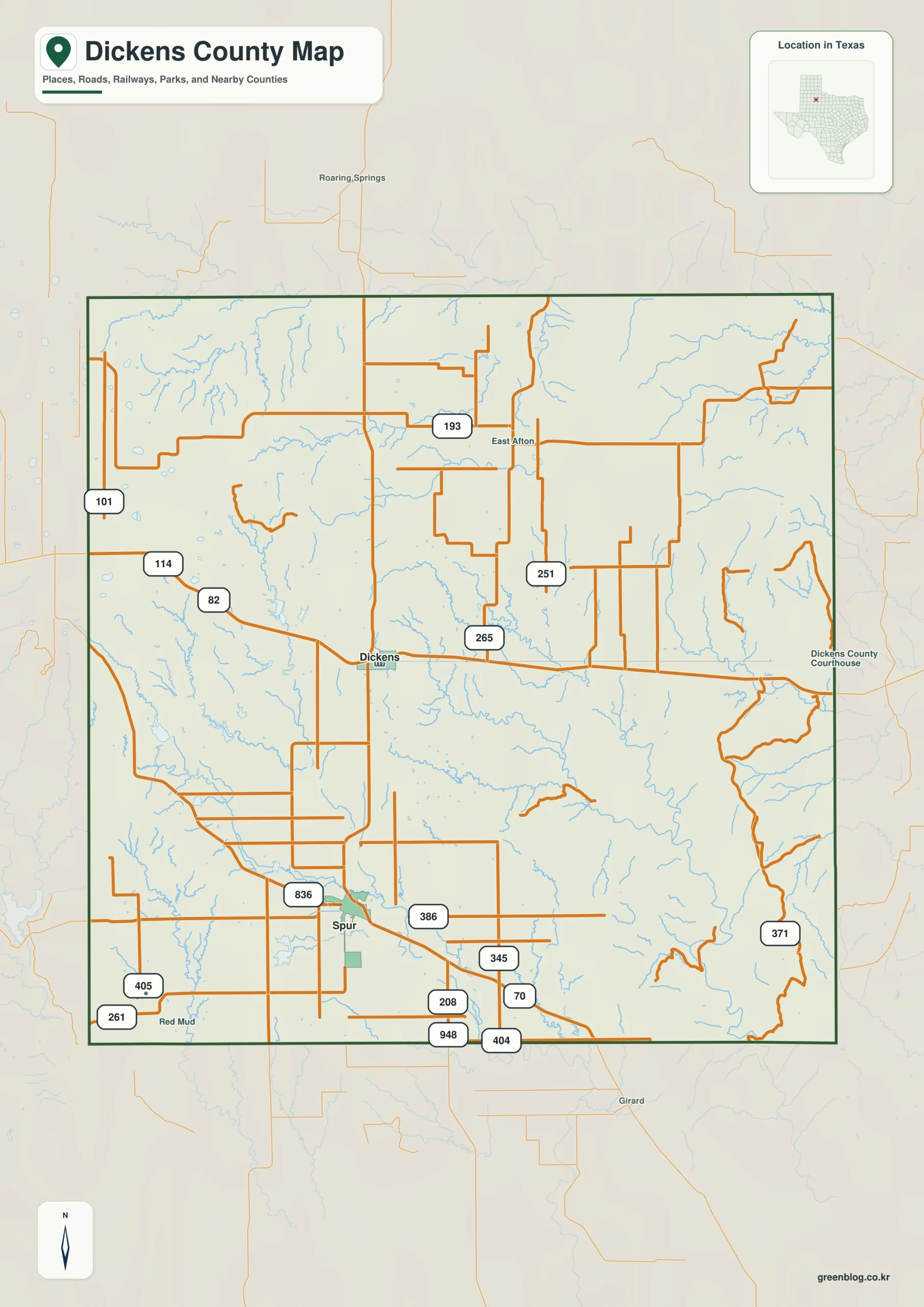 Dickens County Texas map showing Dickens and selected communities