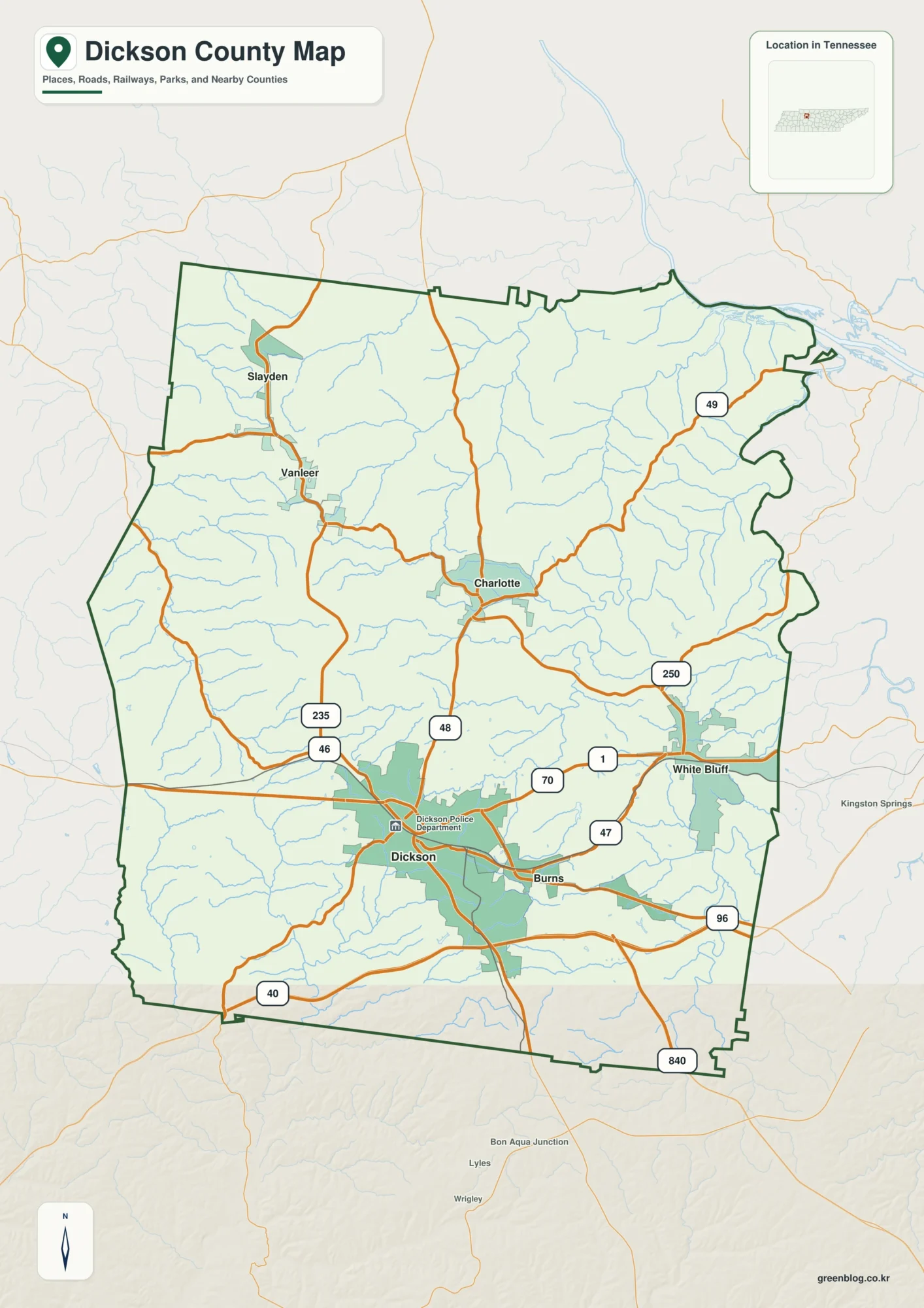 Dickson County Tennessee map showing Charlotte, selected communities, roads, and natural features