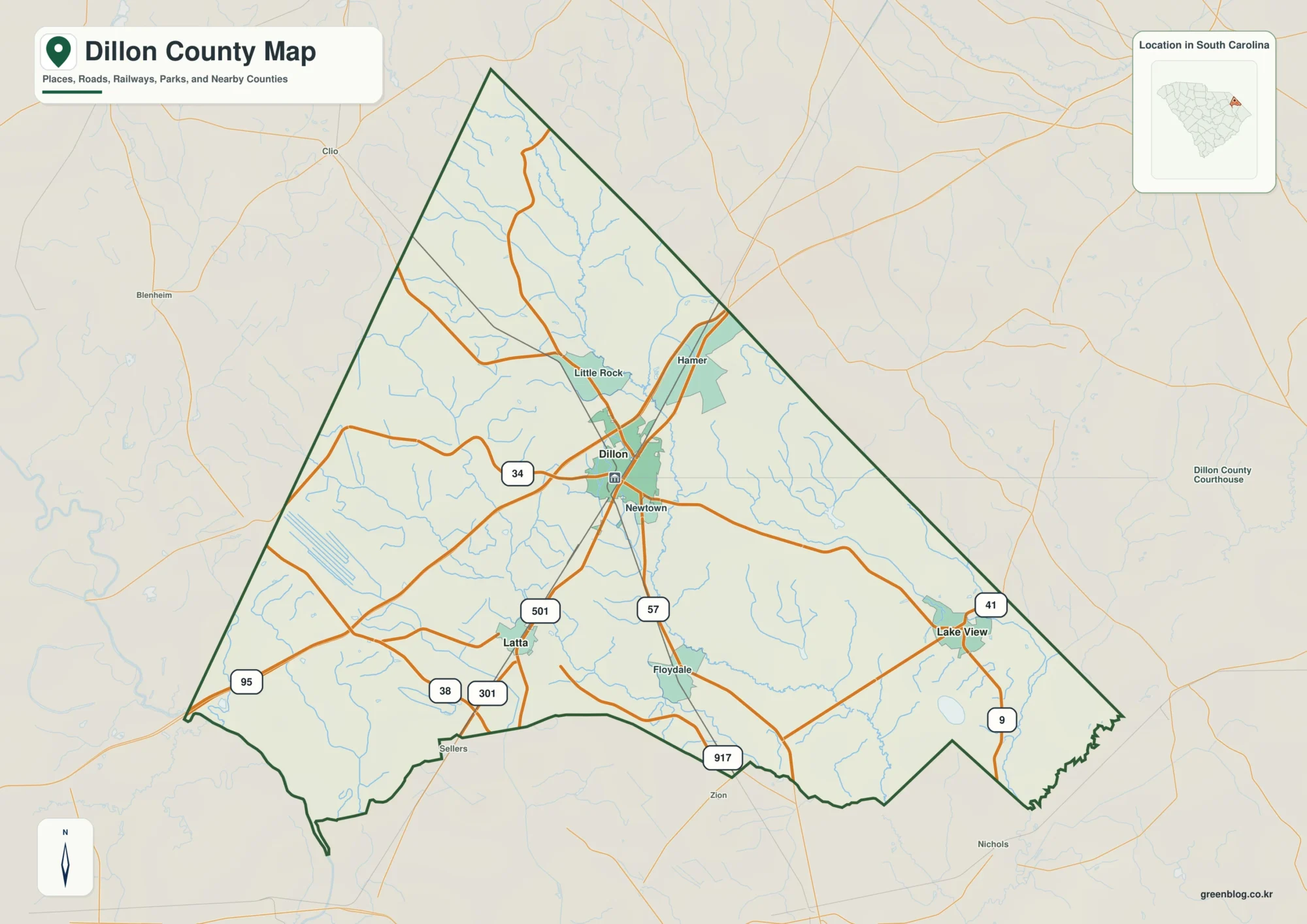 Dillon County South Carolina map with the county boundary and reference names for Dillon and Lake View
