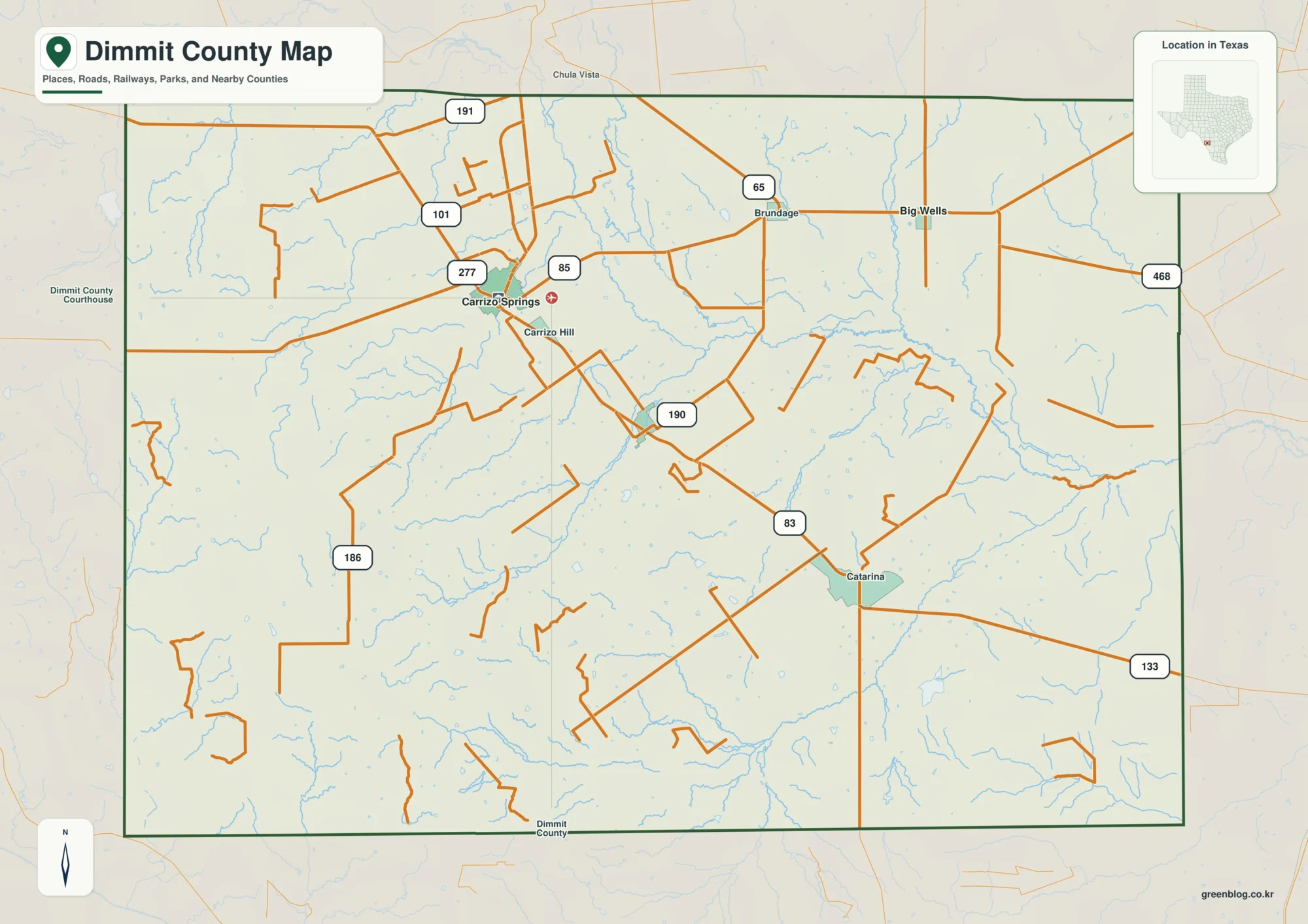 Dimmit County Texas map showing Carrizo Springs and selected communities