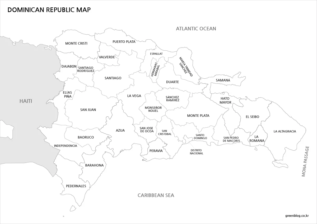 Black and white Dominican Republic administrative map with Haiti and surrounding seas