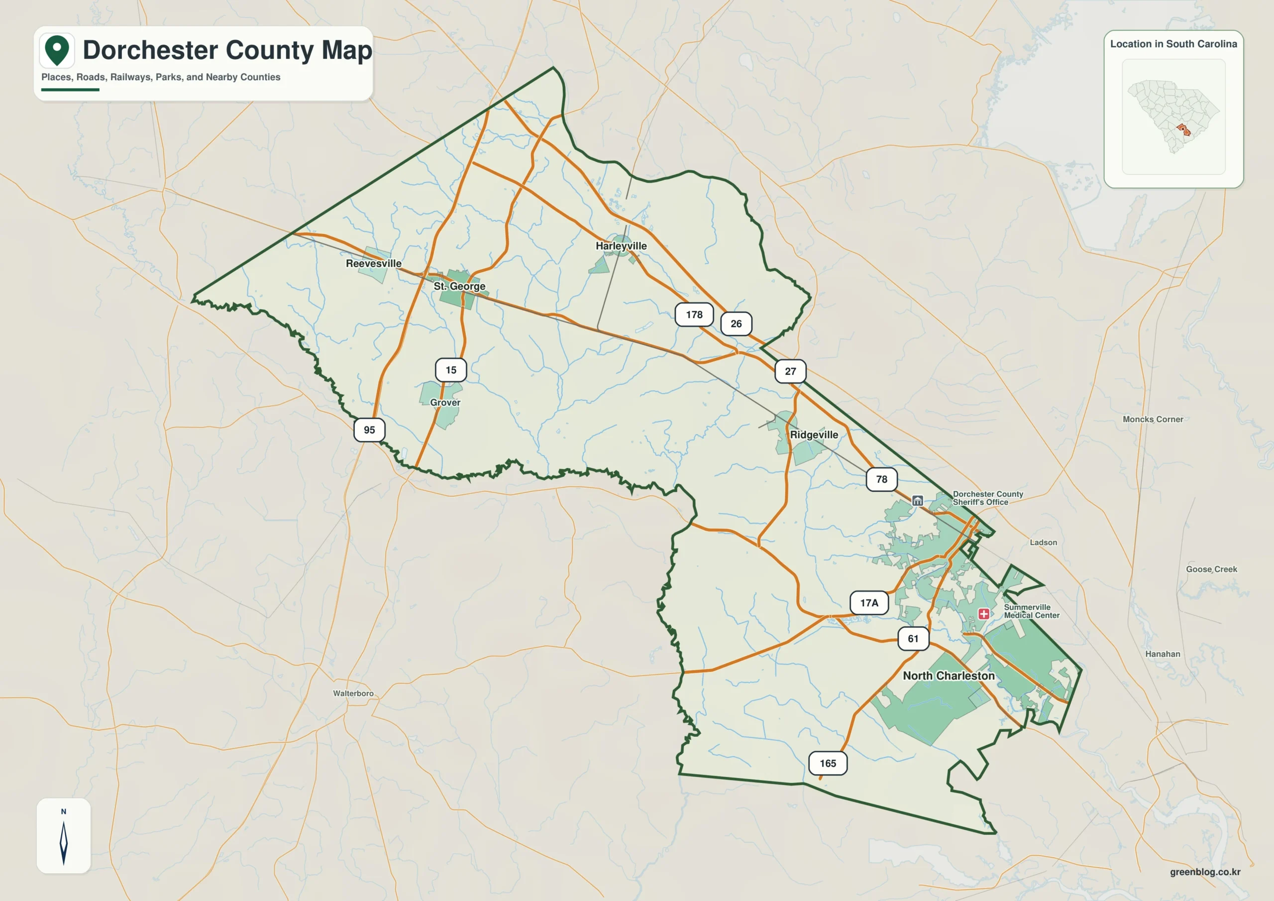 Dorchester County South Carolina map with the county boundary and reference names for St. George and Summerville