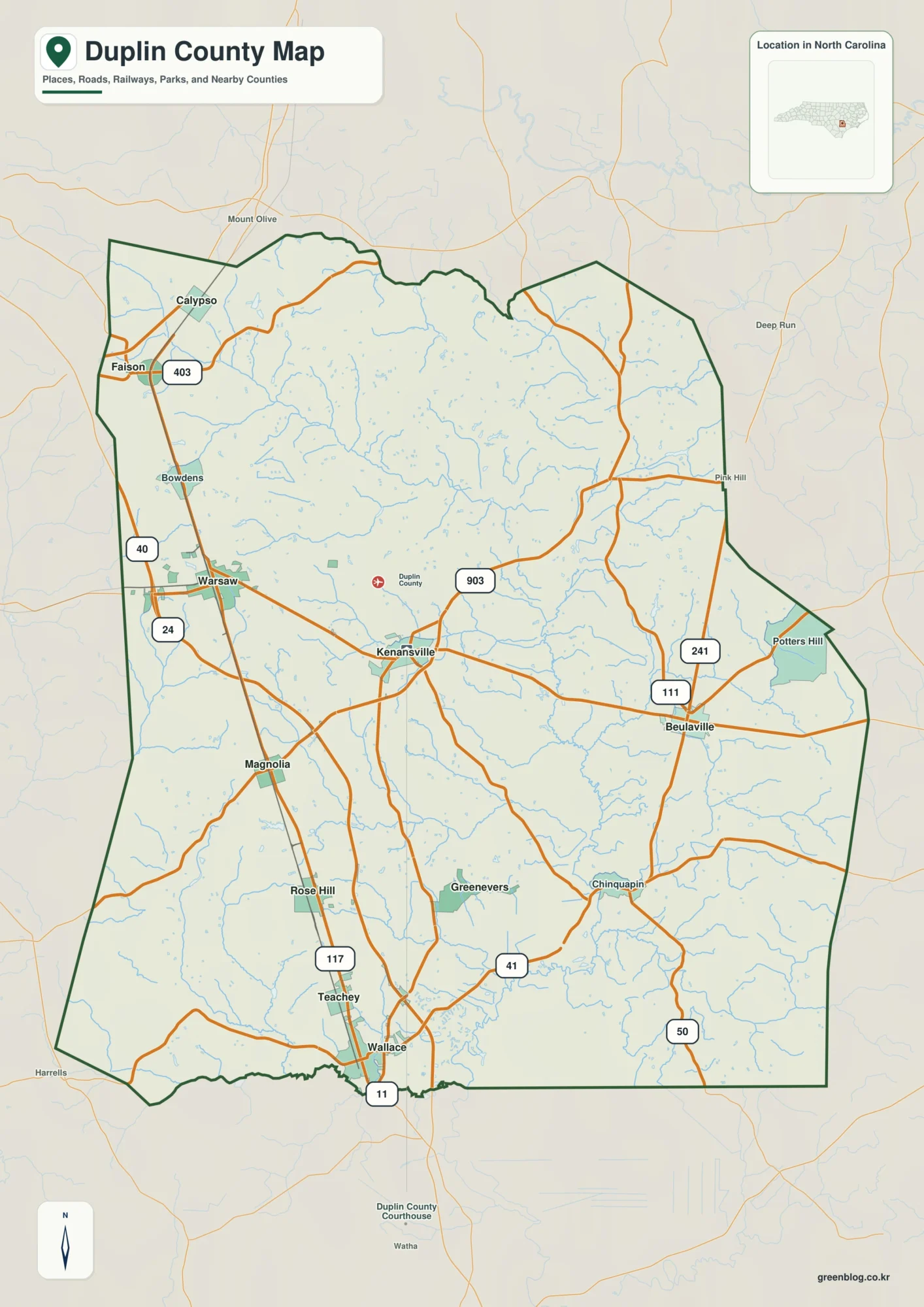 Duplin County North Carolina map showing Kenansville and Northeast Cape Fear River basin
