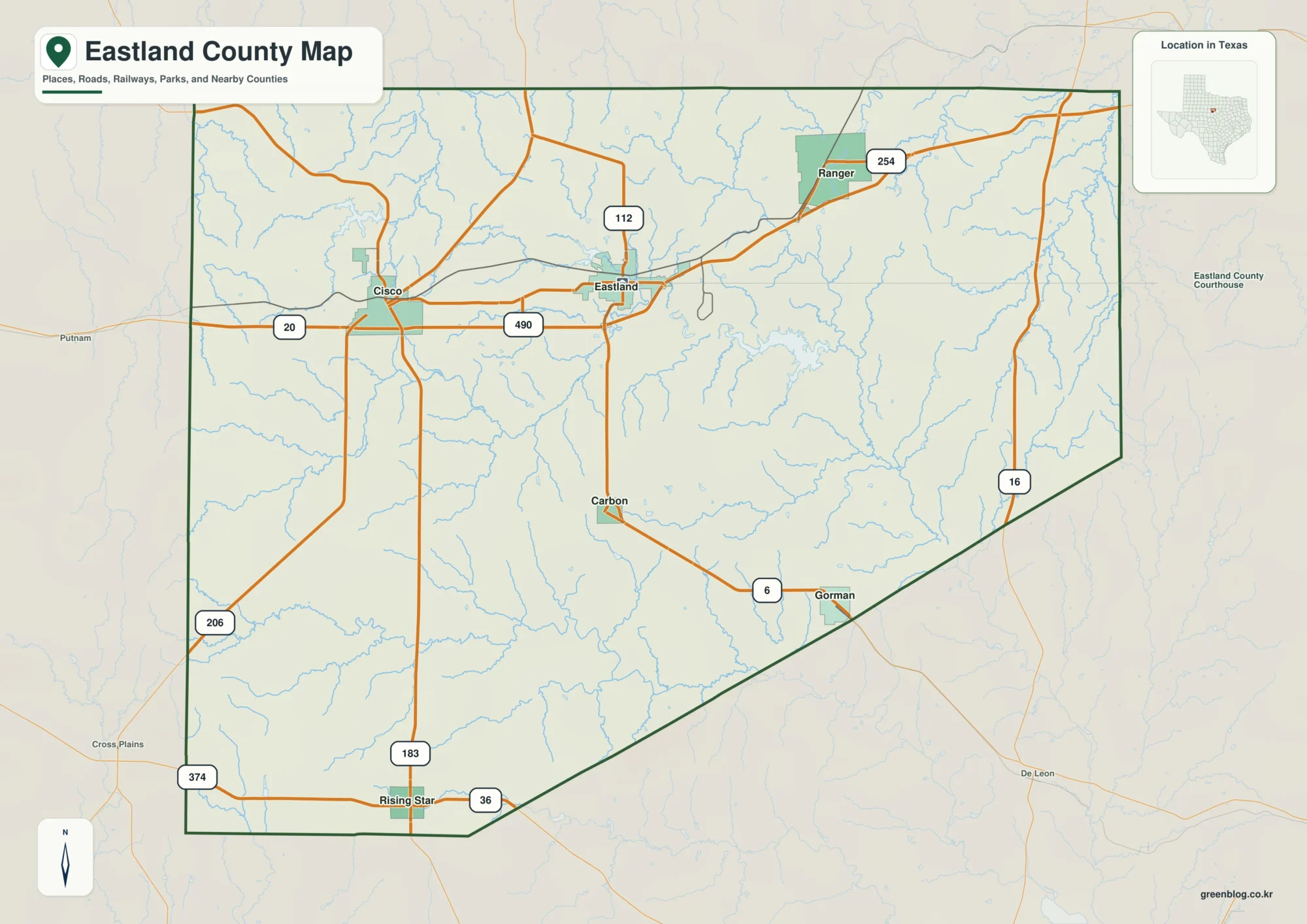 Eastland County Texas map showing Eastland and selected communities
