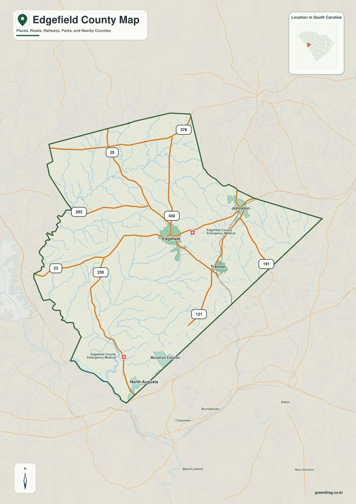 Edgefield County South Carolina map with the county boundary and reference names for Edgefield and Johnston