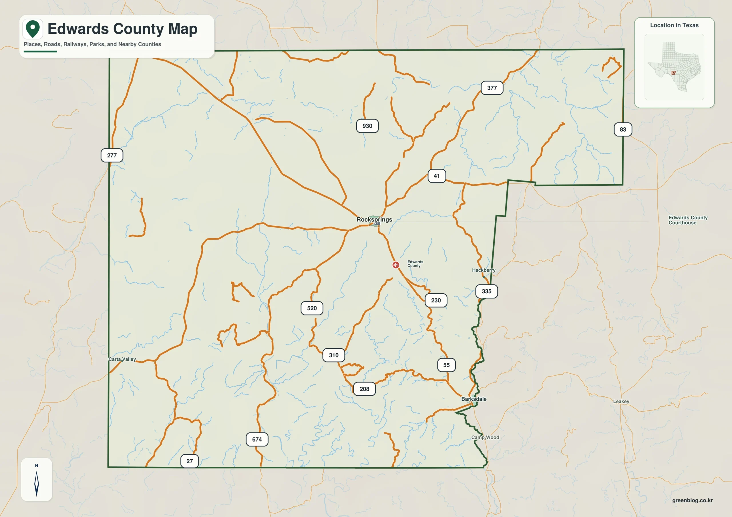 Edwards County Texas map showing Rocksprings and selected communities