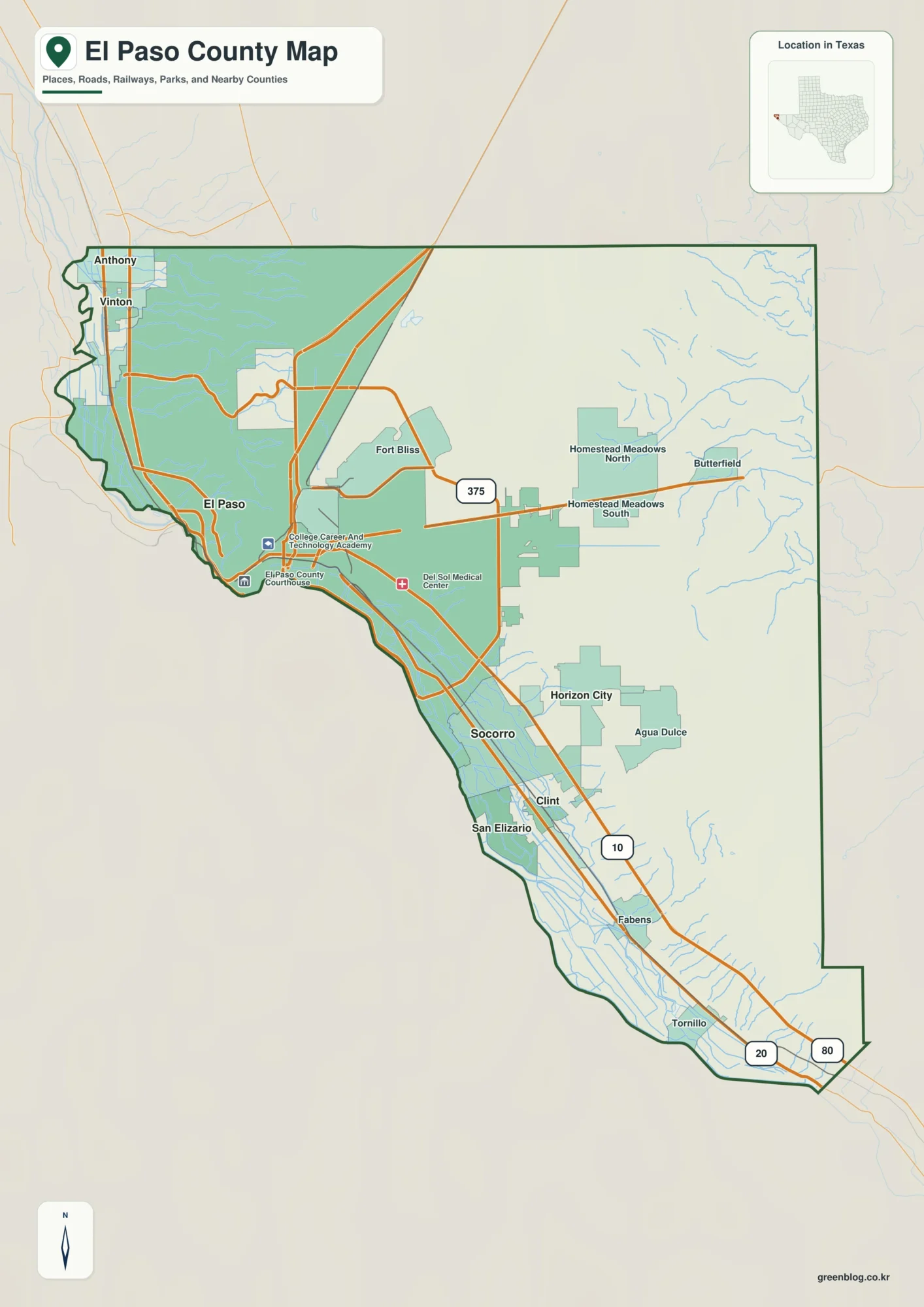 El Paso County Texas map showing El Paso and selected communities
