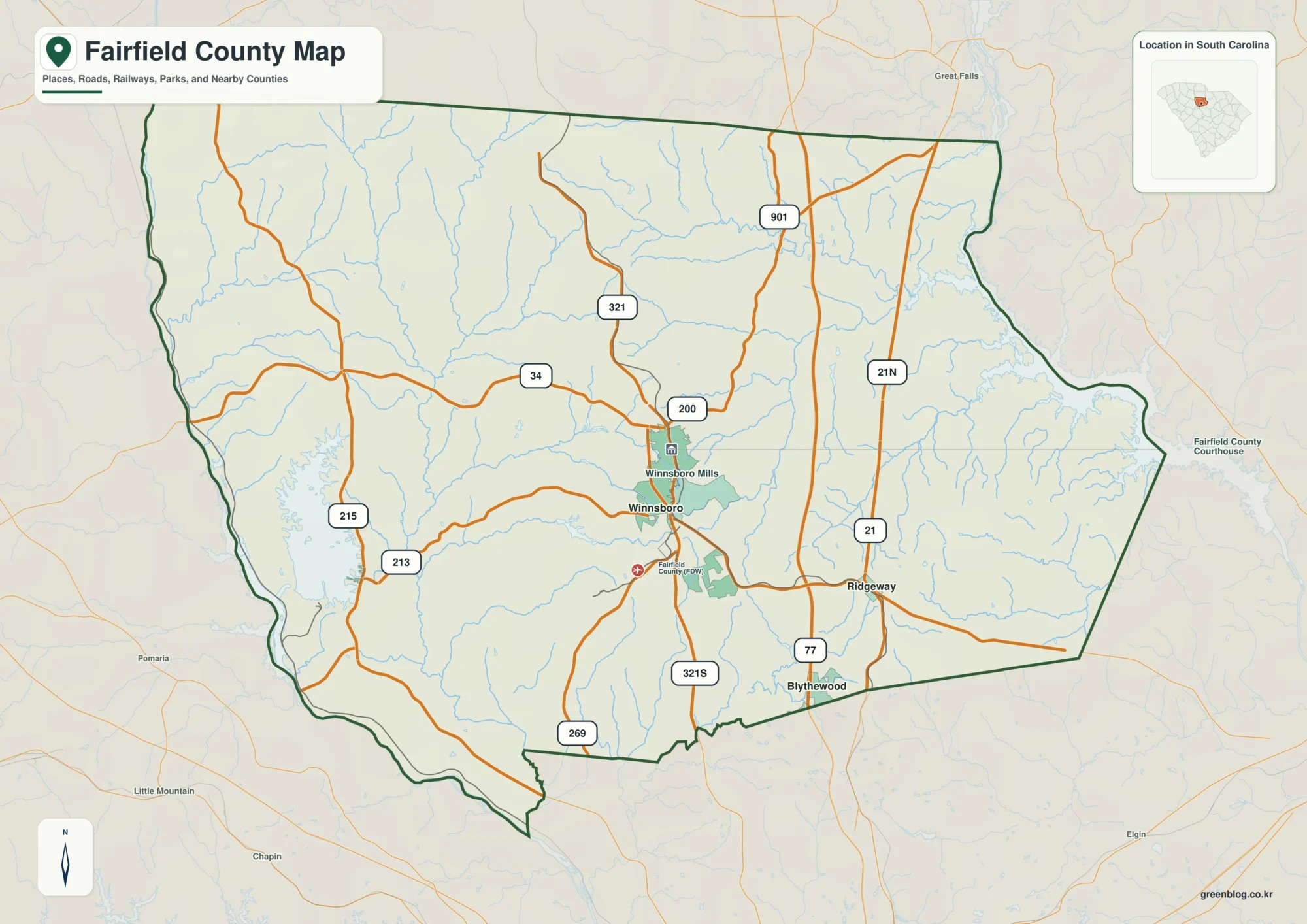 Fairfield County South Carolina map with the county boundary and reference names for Winnsboro and Ridgeway
