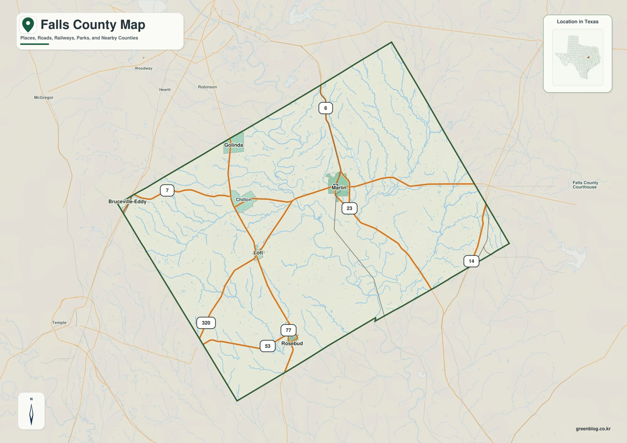 Falls County Texas map showing Marlin and selected communities