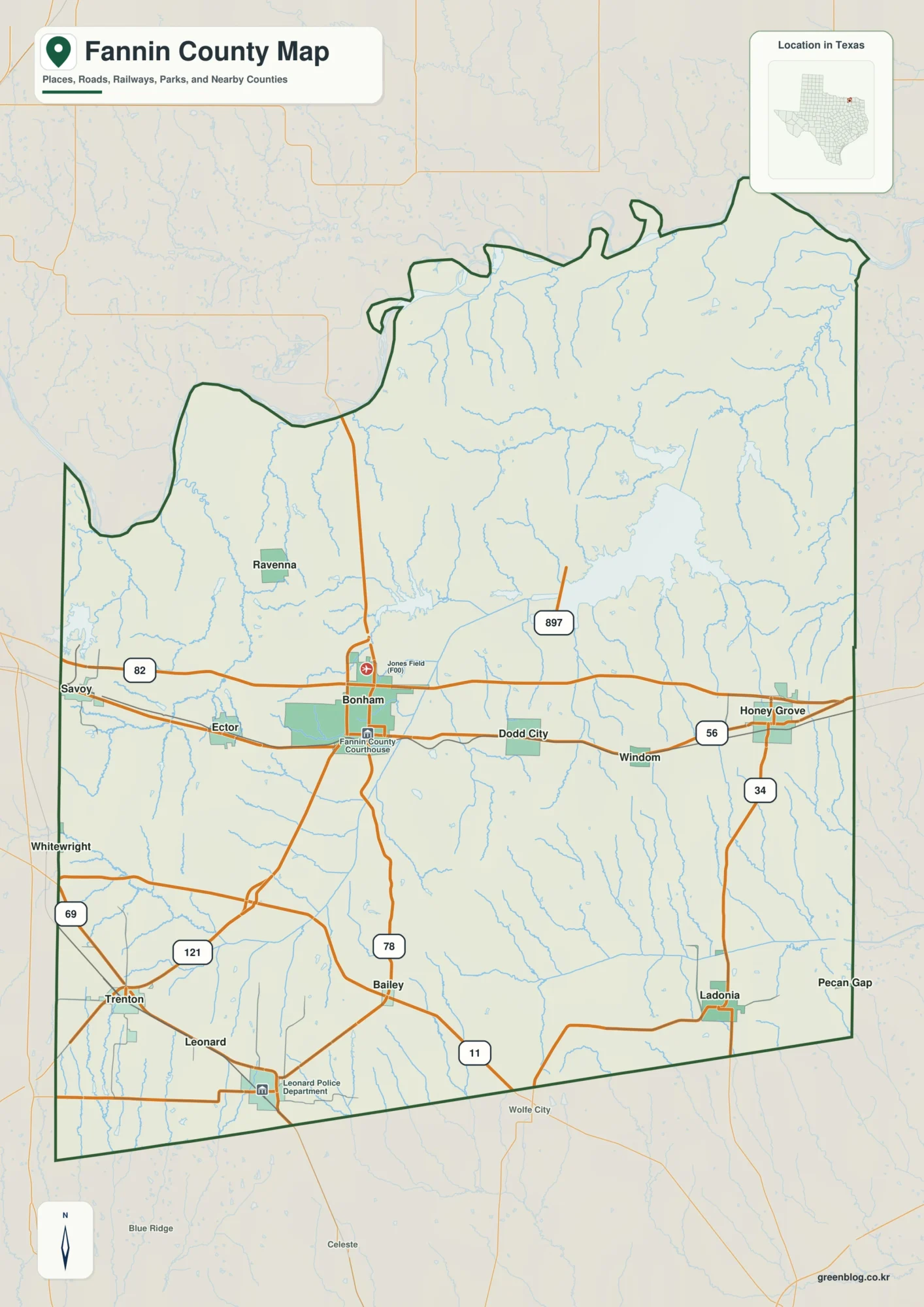 Fannin County Texas map showing Bonham and selected communities
