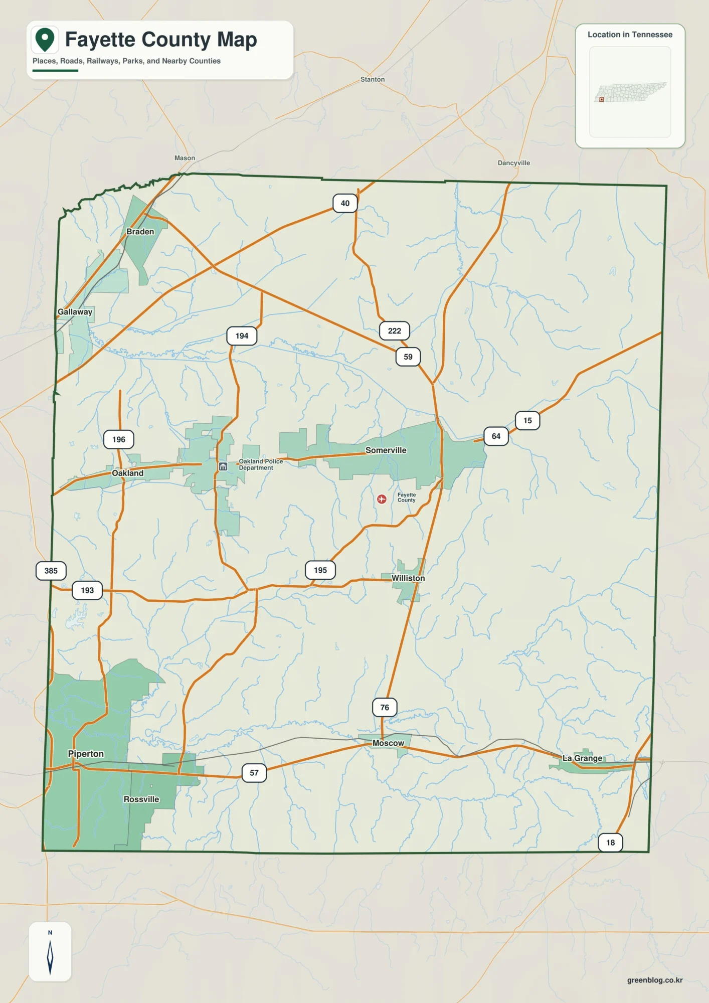 Fayette County Tennessee map showing Somerville, selected communities, roads, and natural features