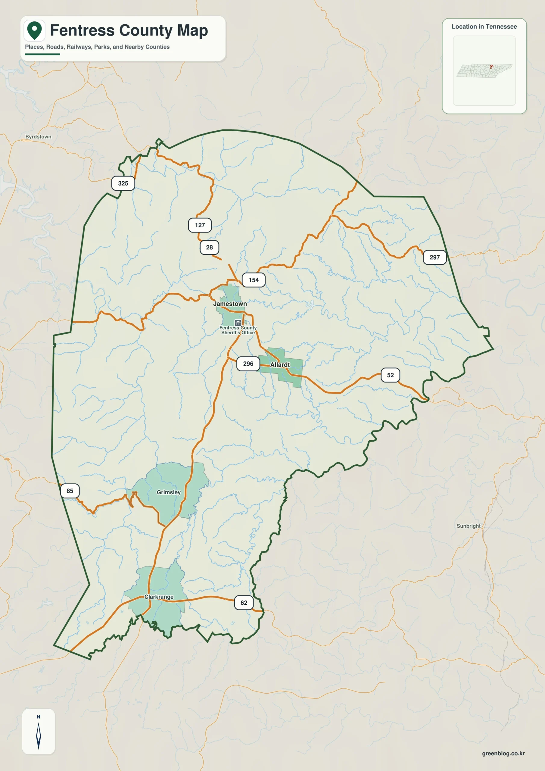Fentress County Tennessee map showing Jamestown, selected communities, roads, and natural features
