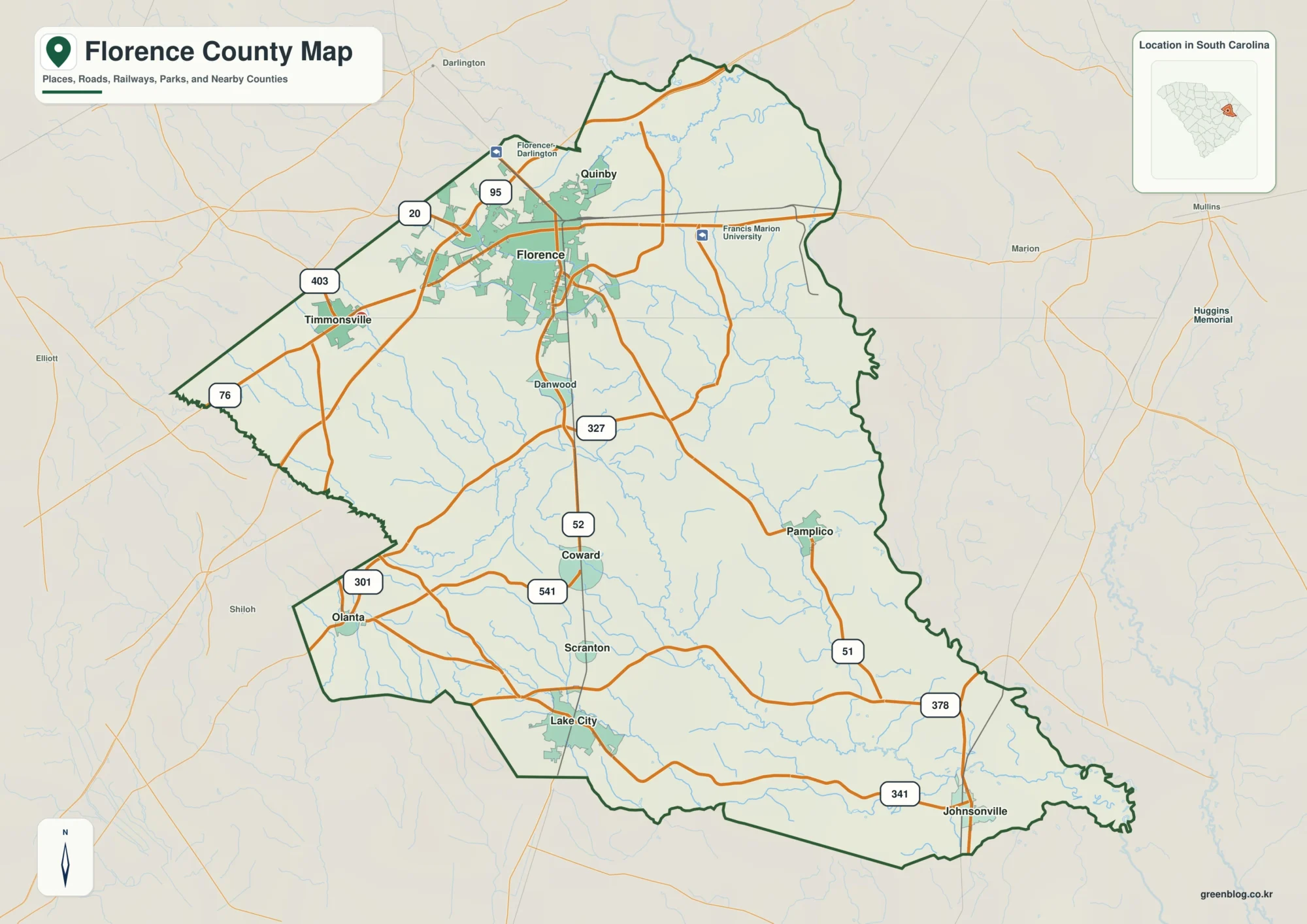Florence County South Carolina map with the county boundary and reference names for Florence and Lake City